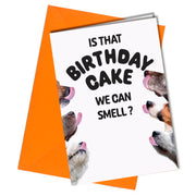 "Is that birthday cake we can smell" birthday card from the dog