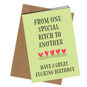 Card says "From one special bitch to another. Have a great fucking birthday."