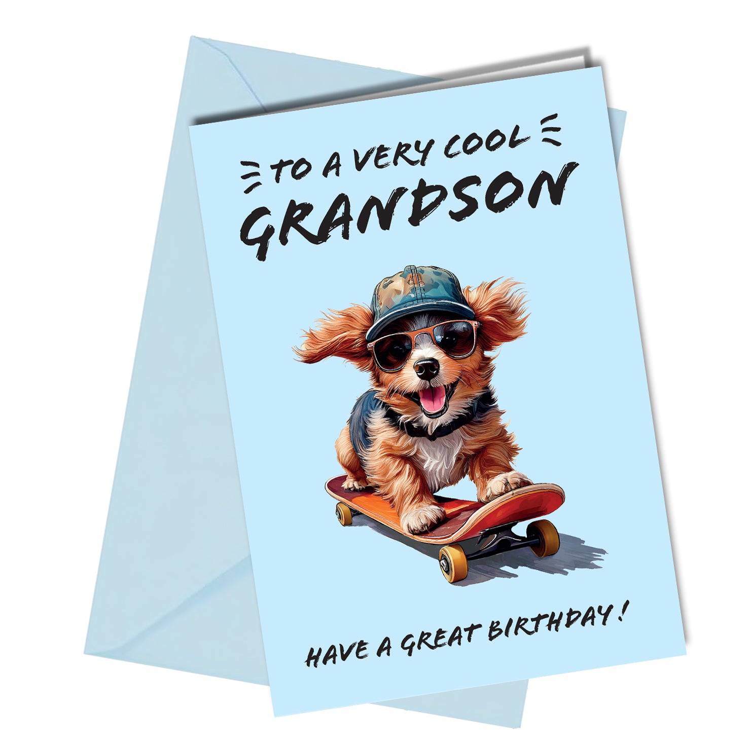"Birthday card for grandson with a cartoon-style skateboarding dog wearing sunglasses and a cap, with the message 'To a very cool Grandson – Have a great birthday!' on a blue background, paired with a matching blue envelope."