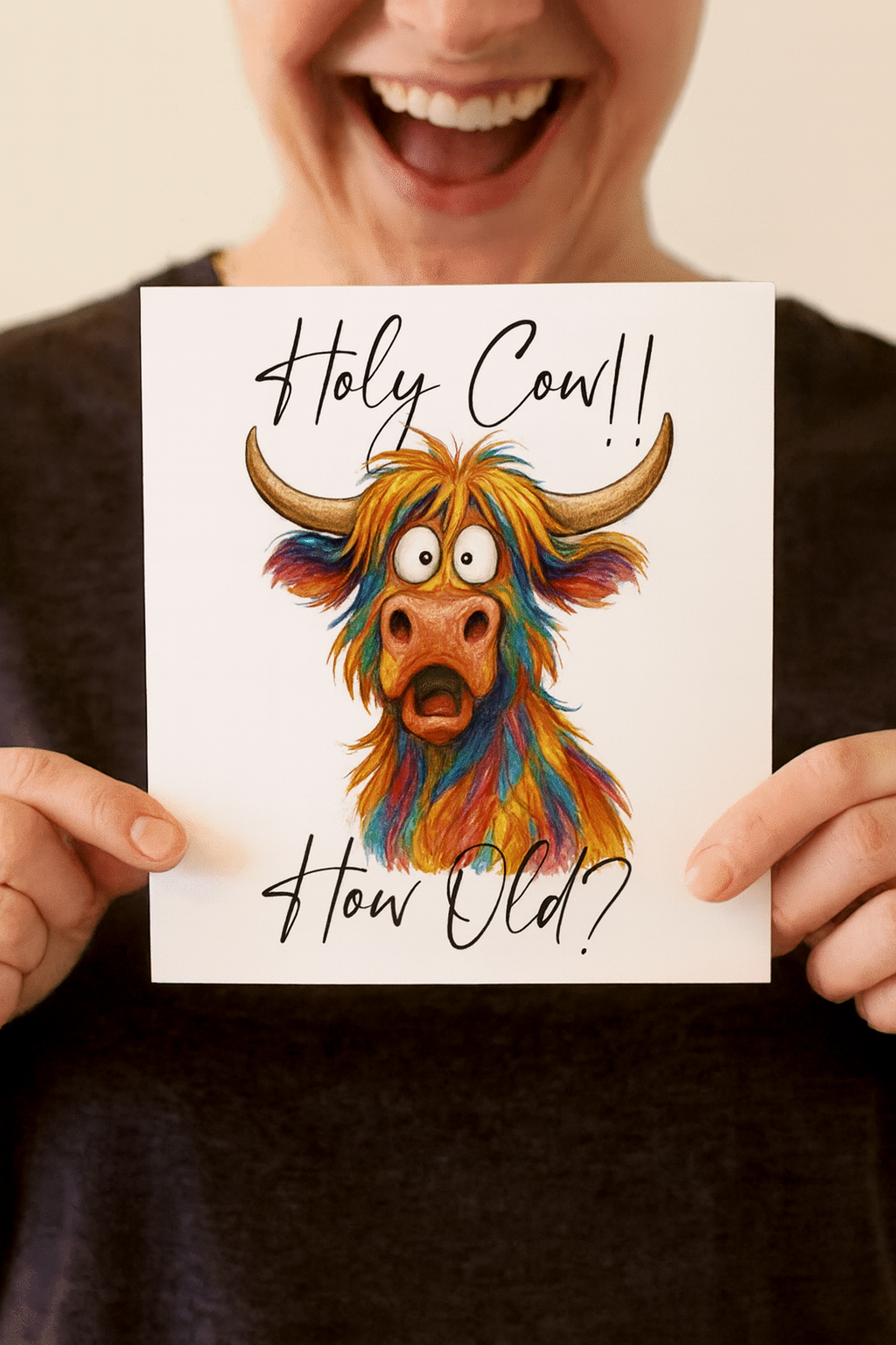 “Funny colorful Highland cow birthday card with shocked expression and text ‘Holy Cow!! How Old?’”