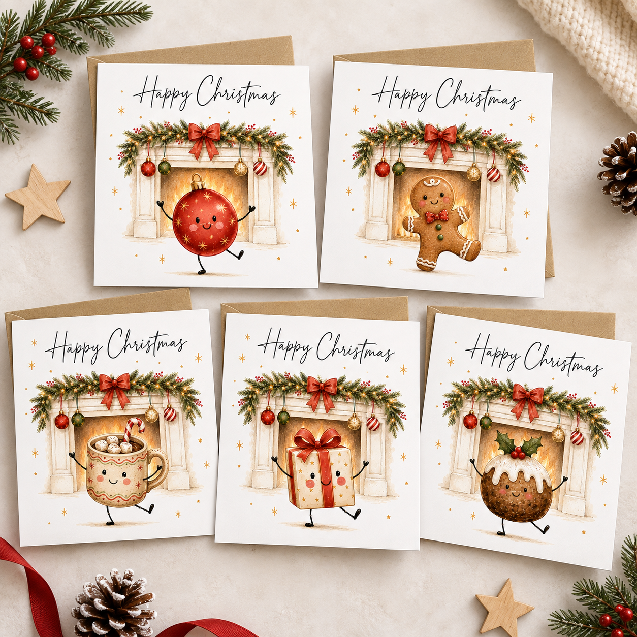 Five Christmas greeting cards arranged on a light beige surface with kraft envelopes, decorated with pine branches, berries, stars, and a knitted textile. Each card has a different holiday character illustration: a red ornament, a gingerbread man, a mug with hot chocolate and marshmallows, a wrapped gift box, and a pudding with holly.