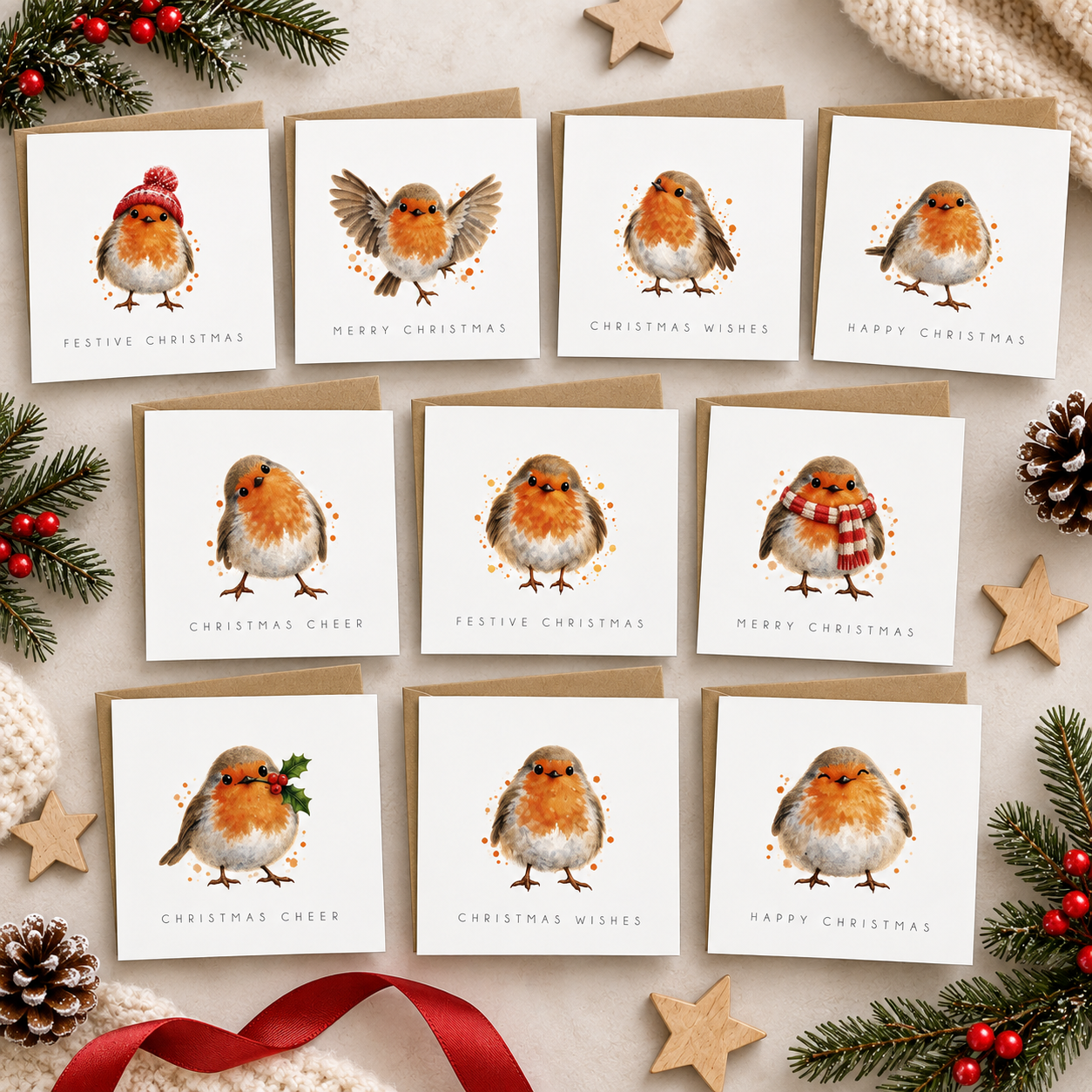 A flat-lay arrangement of nine Christmas greeting cards featuring watercolor robin illustrations, surrounded by pine branches, red berries, wooden stars, and a red ribbon on a light beige background.