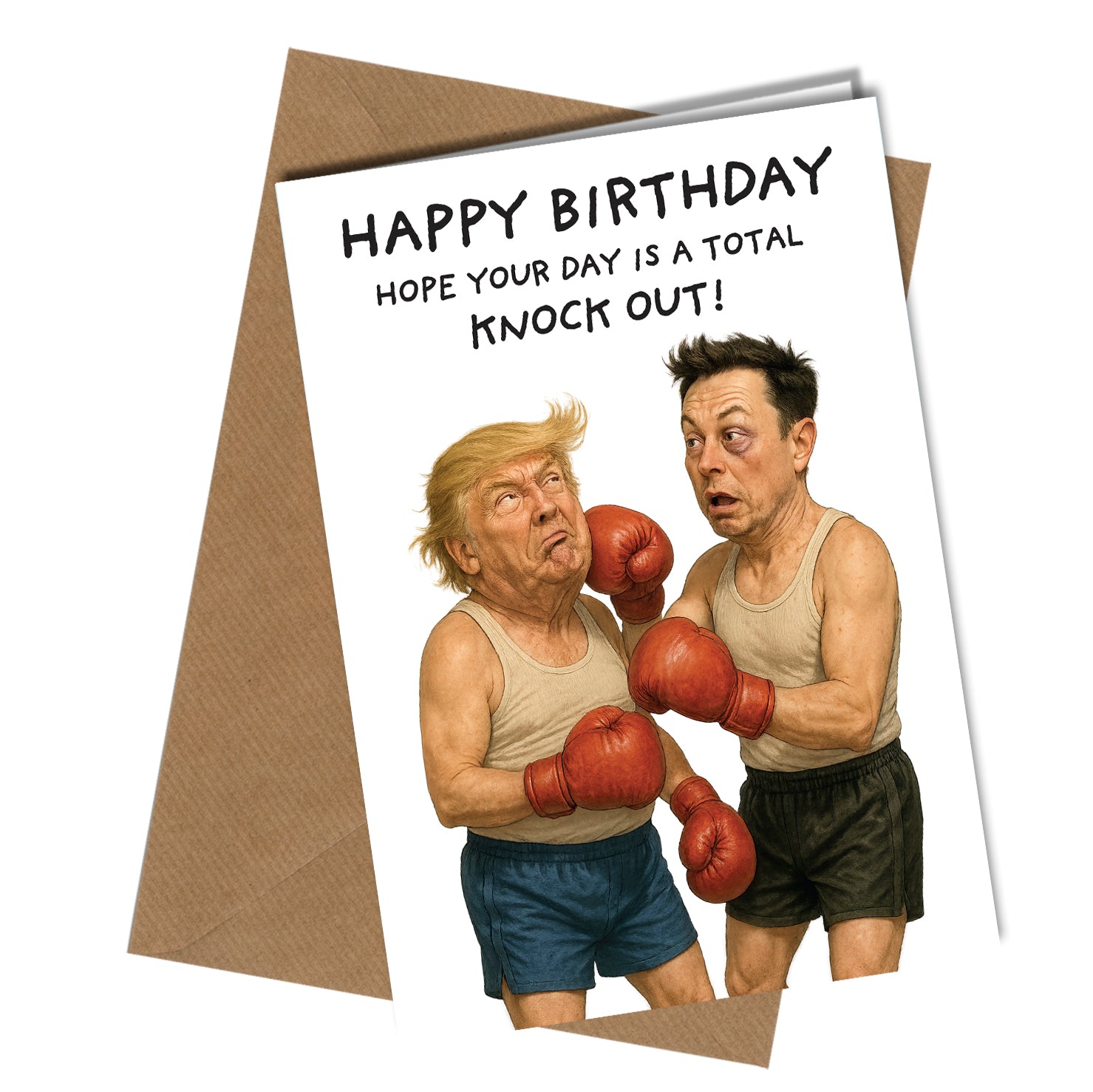 Birthday card with two figures Donald Trump and Elon Musk in boxing gloves and shorts, with 'Happy Birthday' text above.