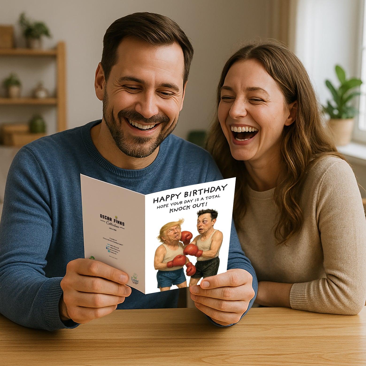 Birthday card with two figures Donald Trump and Elon Musk in boxing gloves and shorts, with 'Happy Birthday' text above.