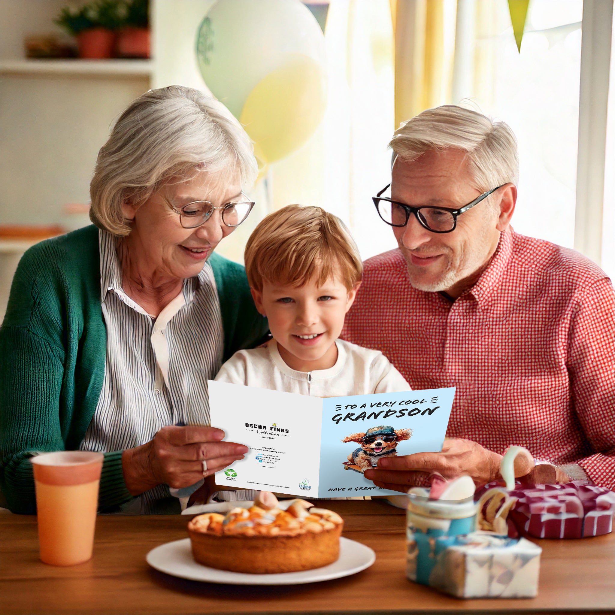 "Birthday card for grandson with a cartoon-style skateboarding dog wearing sunglasses and a cap, with the message 'To a very cool Grandson – Have a great birthday!' on a blue background, paired with a matching blue envelope."