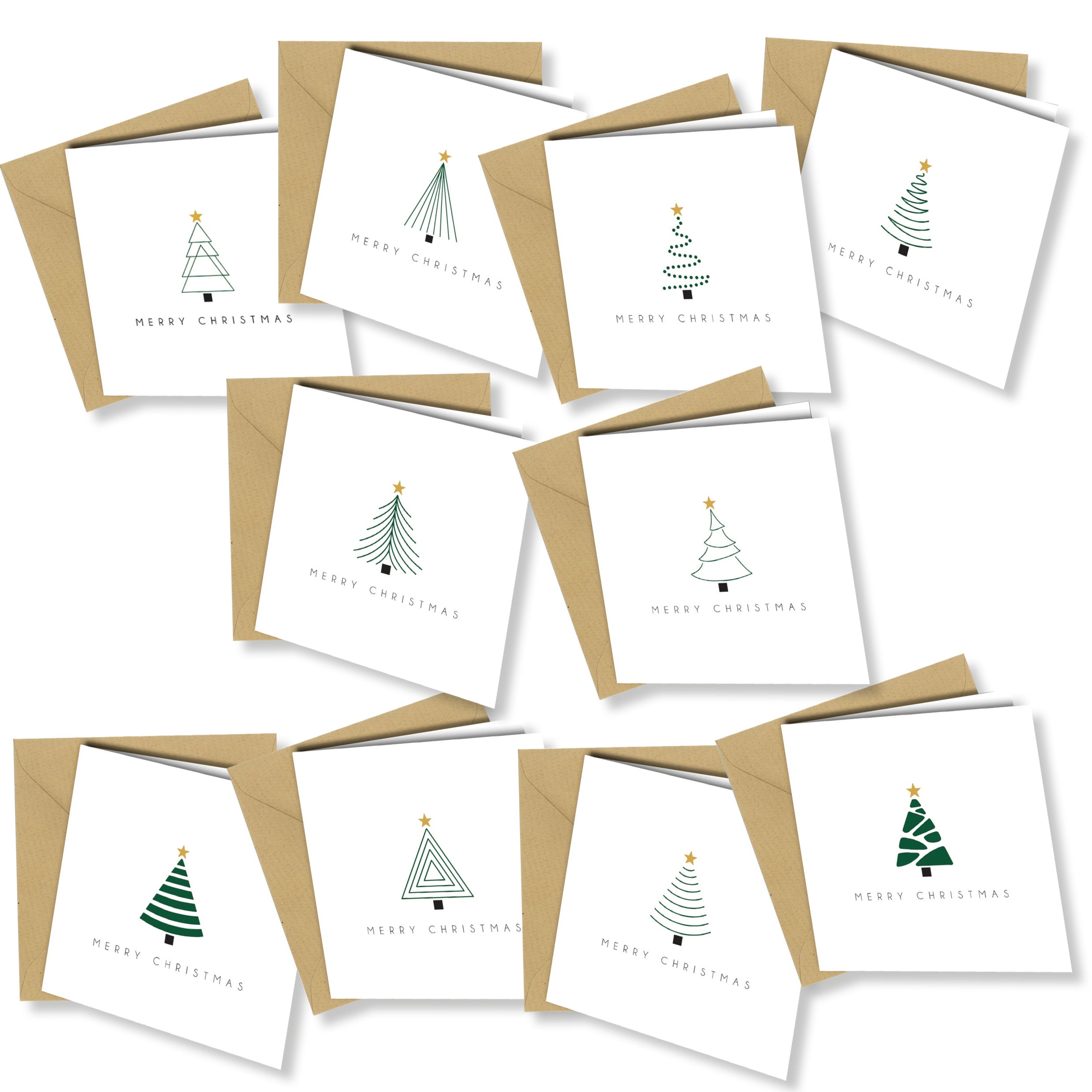 Perfect for spreading festive cheer this holiday season!

Send warm wishes with this elegant set of 10 minimalist Christmas cards, each featuring a unique modern Christmas tree design. Printed on premium recycled cardstock, these eco-friendly cards pair beautifully with natural kraft envelopes — ideal for family, friends, or clients.

✨ Product Features

🌲 Set of 10 cards – each with a different Christmas tree design

💌 Includes 10 kraft brown envelopes

📏 Card size: Approx. 5 x 5 inches (square format)
