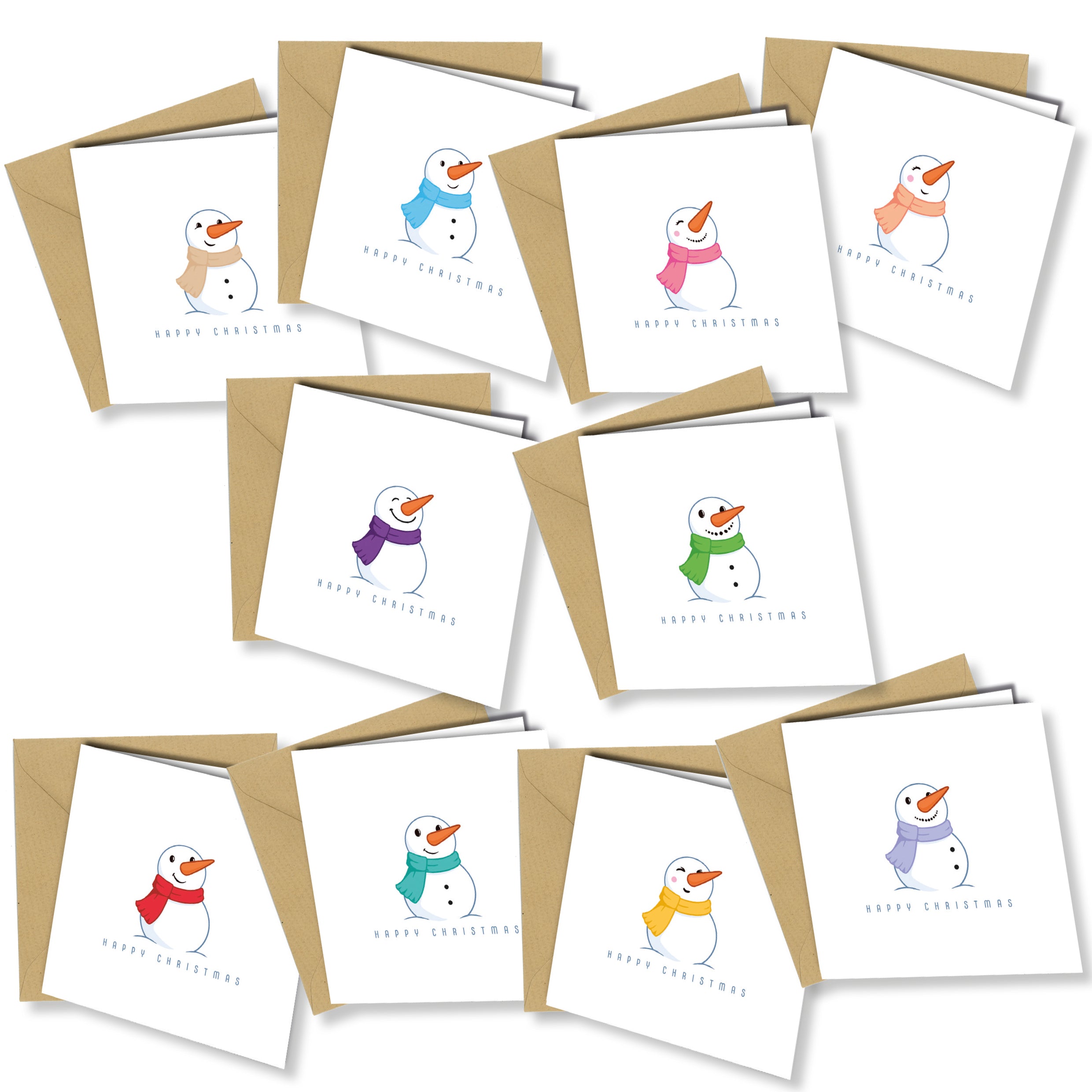 Set of 10 Snowman “Happy Christmas” Cards – Assorted Colours with Kraft Envelopes - CB021