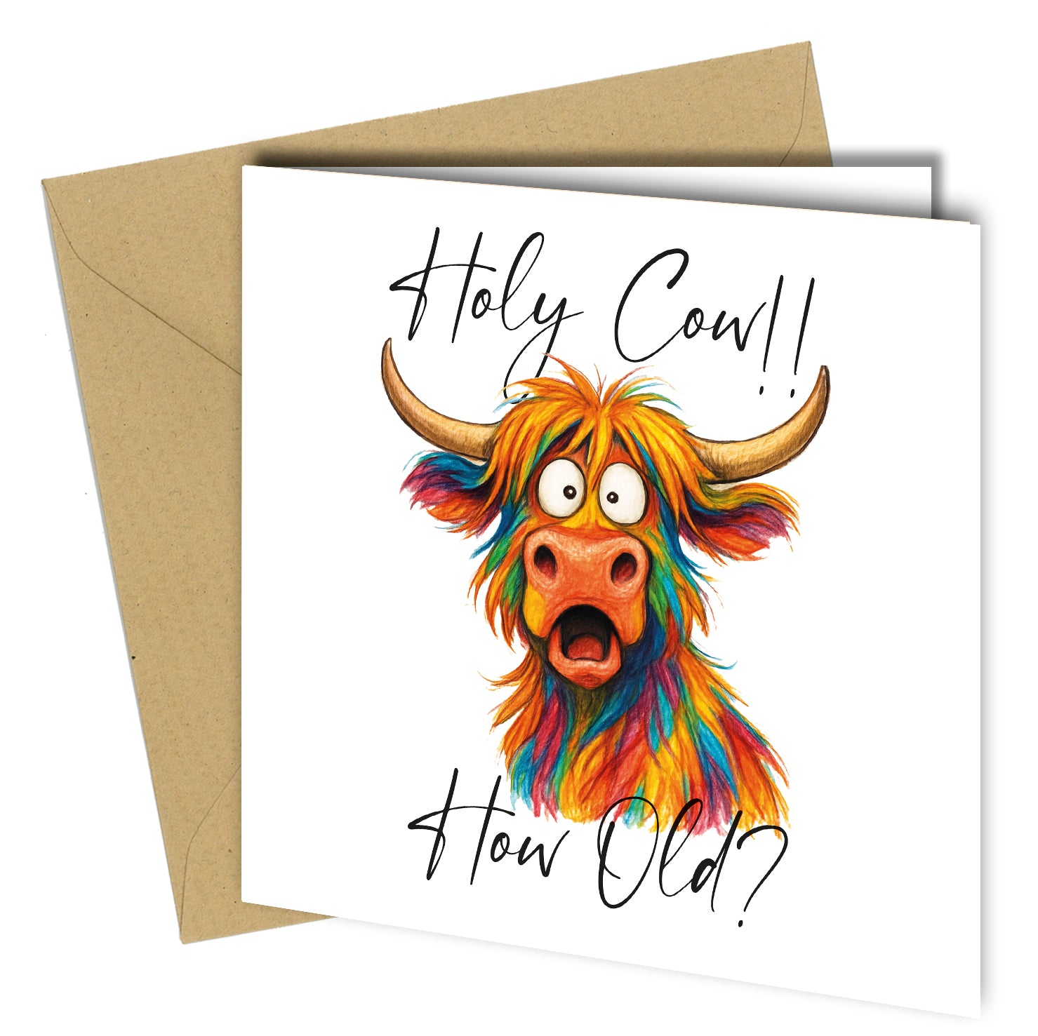 “Funny colorful Highland cow birthday card with shocked expression and text ‘Holy Cow!! How Old?’”