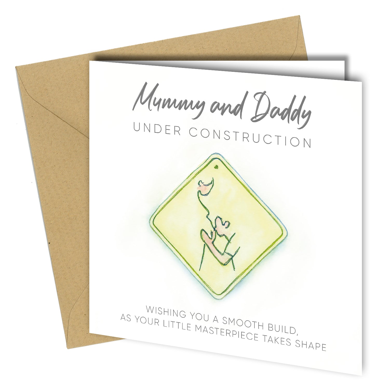Mummy and Daddy in the Making pregnancy congratulations card with cute yellow road sign illustration, kraft envelope, and blank inside for personal message – perfect for expecting parents, baby showers, and pregnancy announcements