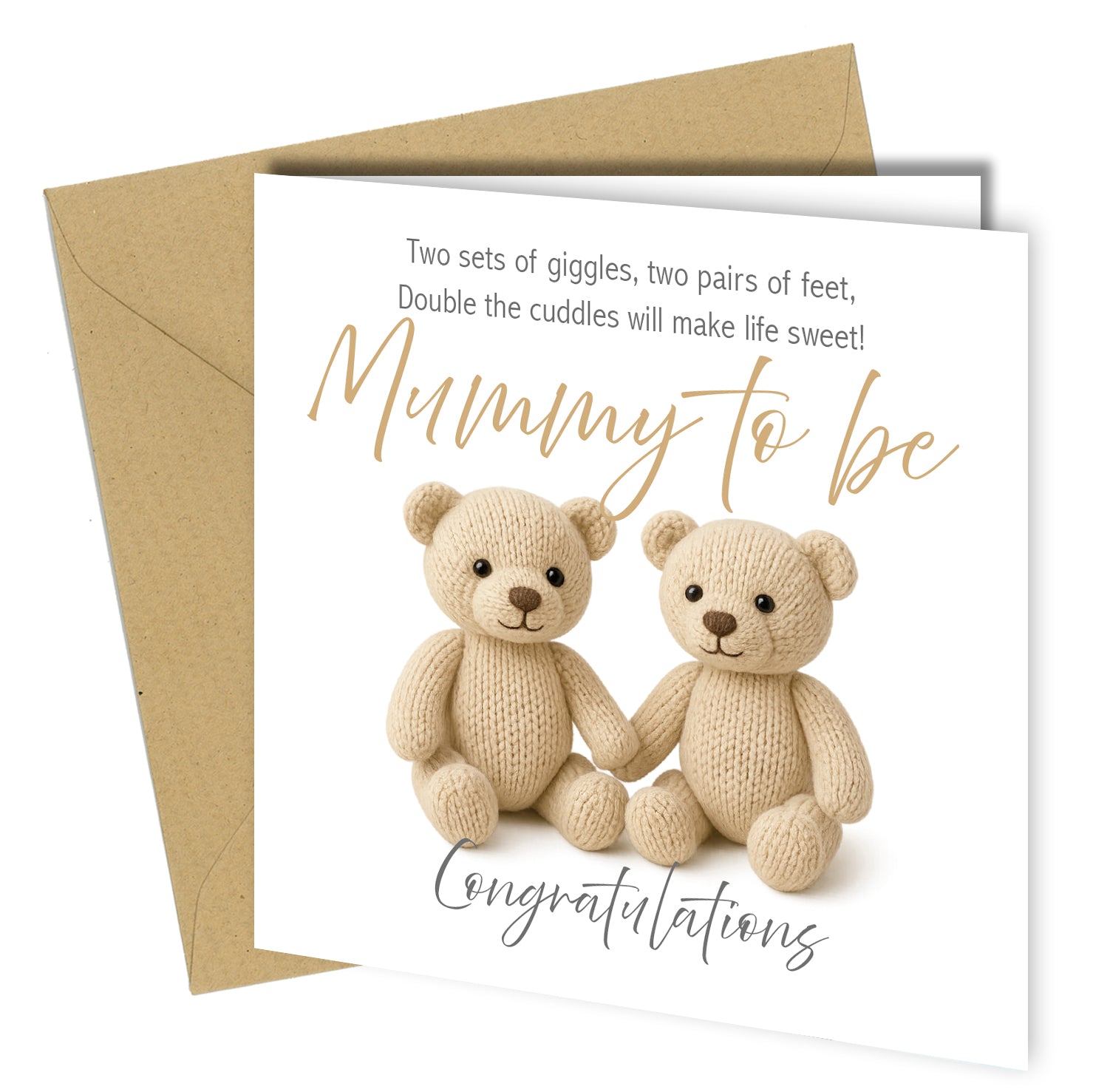 Mummy To Be Twins Teddy Card – Baby Shower & Pregnancy Congratulations - cb006