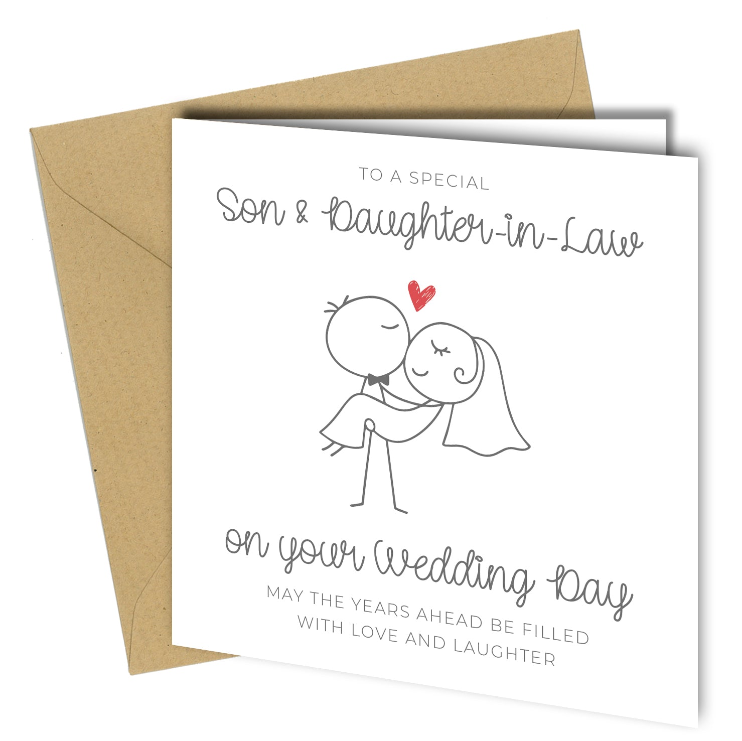"Wedding day card for son and daughter-in-law featuring a cute stick figure bride and groom illustration with red heart, includes kraft brown envelope."