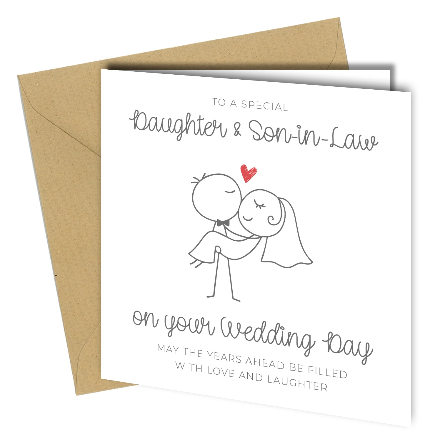 Wedding day card for daughter and son-in-law with stick figure bride and groom illustration and kraft envelope