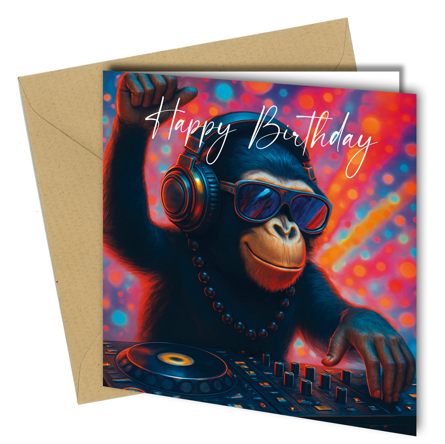 Funny DJ chimpanzee birthday card with monkey wearing headphones and sunglasses at turntables