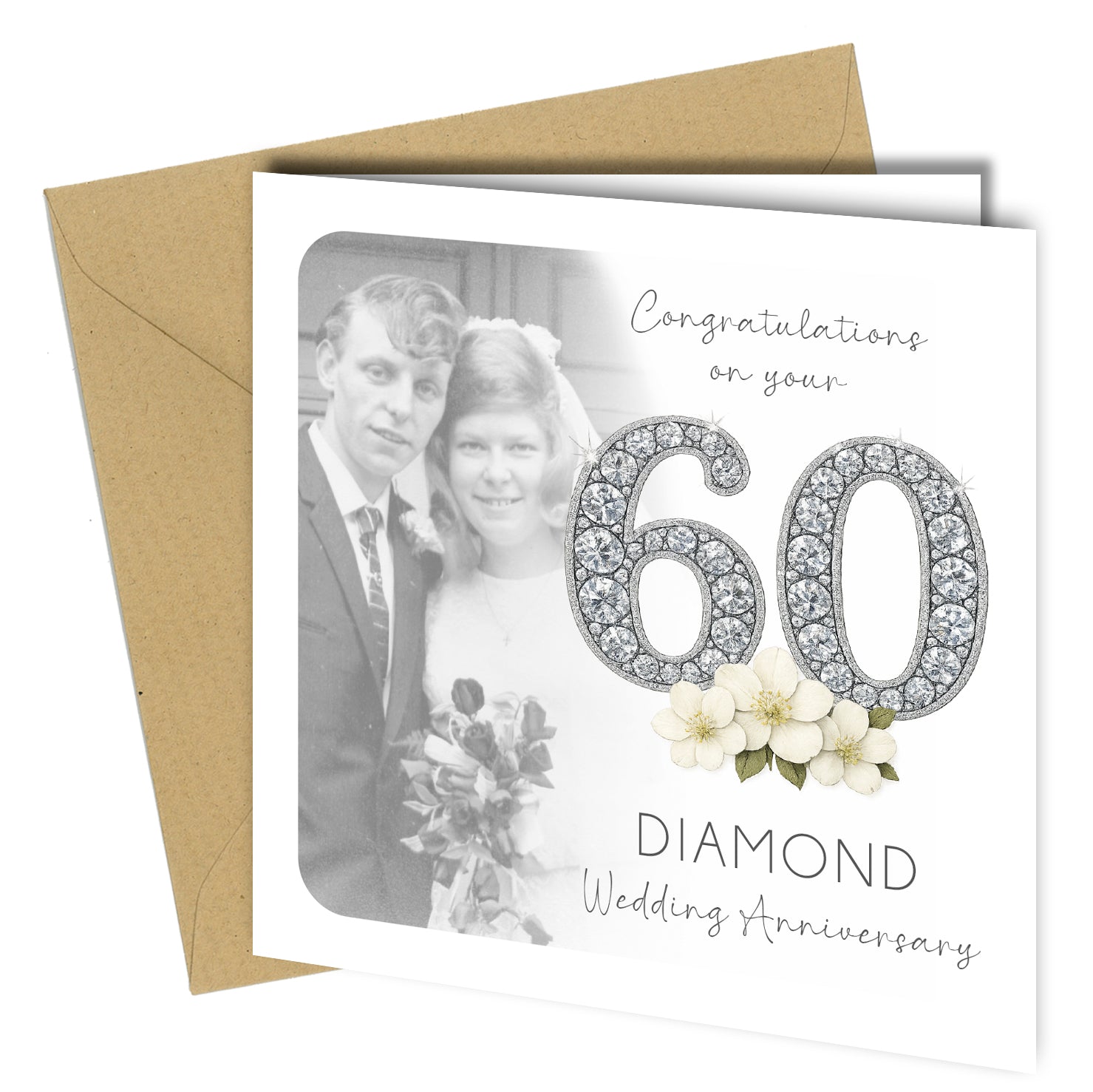 <p><strong>Celebrate an incredible 60 years together</strong> with a beautifully personalised Diamond Wedding Anniversary card featuring your own special photo on the front.</p>

<p>This elegant <strong>60th Wedding Anniversary card</strong> creates a meaningful keepsake for parents, grandparents, or any couple celebrating sixty wonderful years of marriage.</p>

<h3>📸 Personalisation</h3>
<ul>
<li>Add your chosen photo to the front of the card</li>
<li>Optional personalised message inside</li>
<li>If no in