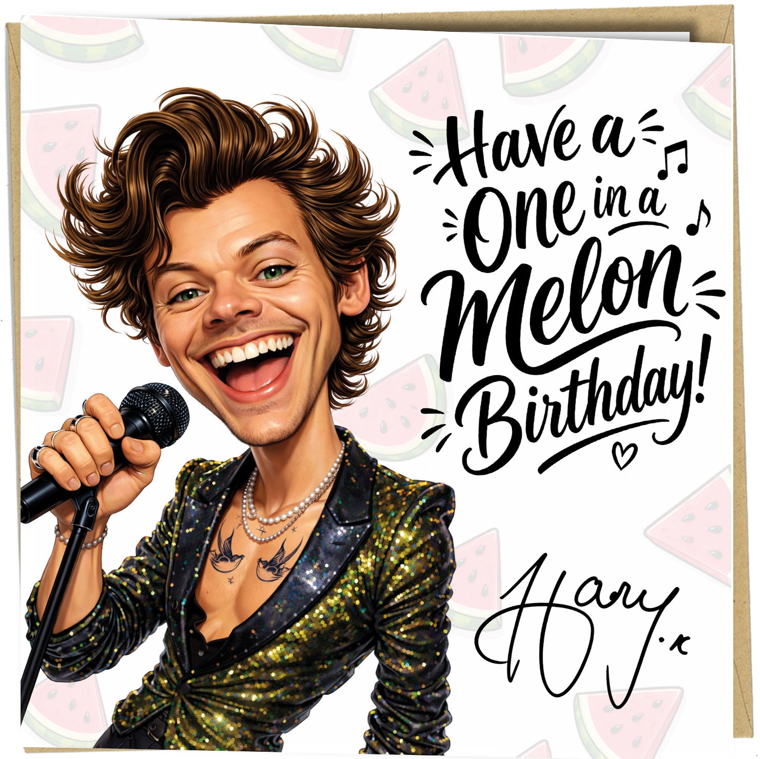 Bring a smile to any Harry Styles fan with this fun and vibrant birthday card featuring a cheerful caricature and the playful message "Have a One in a Melon Birthday!"

Printed on premium 350gsm cardstock, this high-quality greeting card is perfect for music lovers, pop fans and anyone who appreciates a unique birthday card. The inside is left blank, giving you plenty of space to write your own personal message.

Please note: This design features a printed reproduction autograph and is not an original hand-
