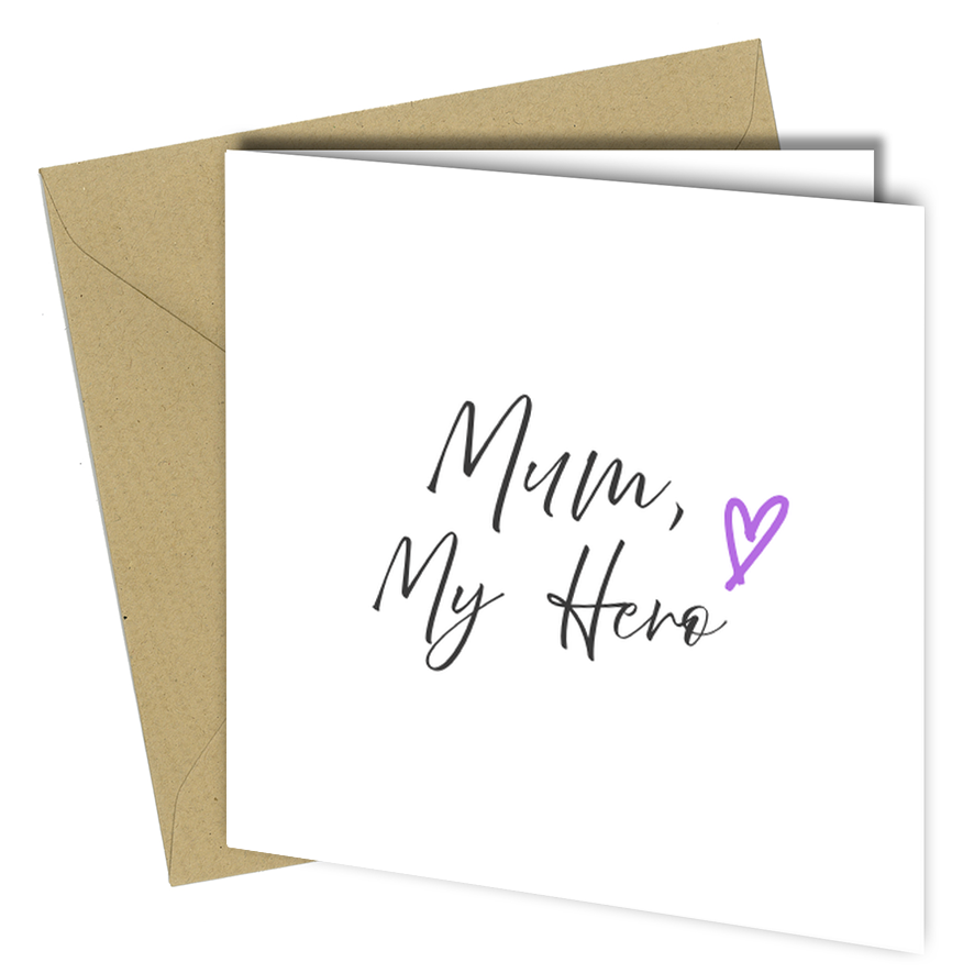 Tell Mum how much she means to you with this beautiful “Mum, My Hero” greeting card.
Featuring a simple handwritten-style design, this heartfelt card is suitable for birthdays, Mother’s Day, or any time you want to show appreciation.

Printed on premium-quality card and supplied with a matching envelope, this square card offers a modern, minimalist look while giving you plenty of space inside for your own handwritten message.

📏 Product Details

Size: 150 x 150 mm when folded

Premium quality smooth card s