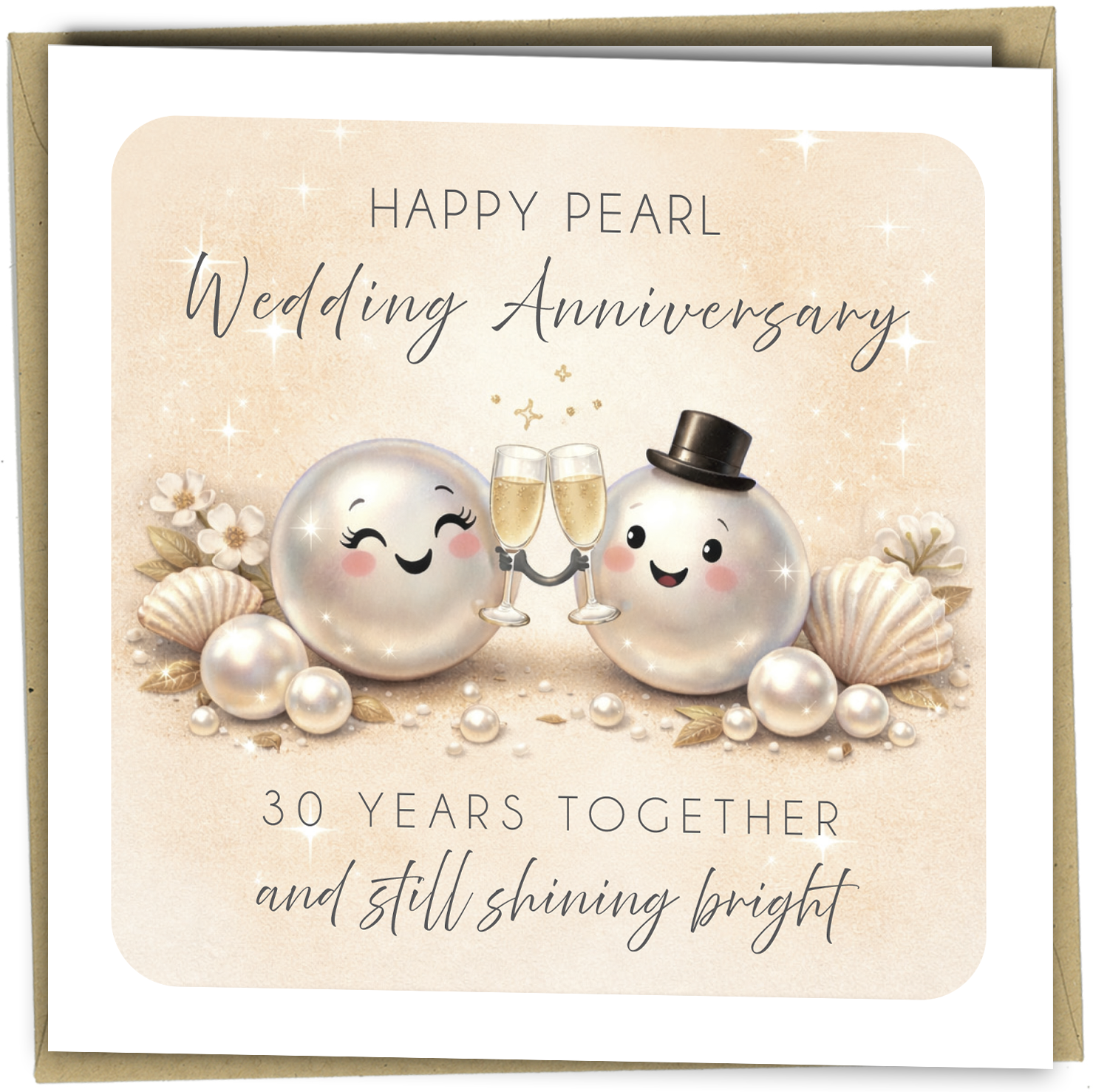 Celebrate 30 years of love with this beautifully designed pearl wedding anniversary card. Featuring an adorable pearl couple illustration with soft neutral tones and elegant typography, this card is perfect for marking a special milestone.

Ideal for a husband, wife, parents or any couple celebrating their pearl anniversary, this thoughtful design captures the joy of lasting love and shared memories.

Printed on high-quality cardstock and paired with a matching envelope, it offers a premium feel while remai