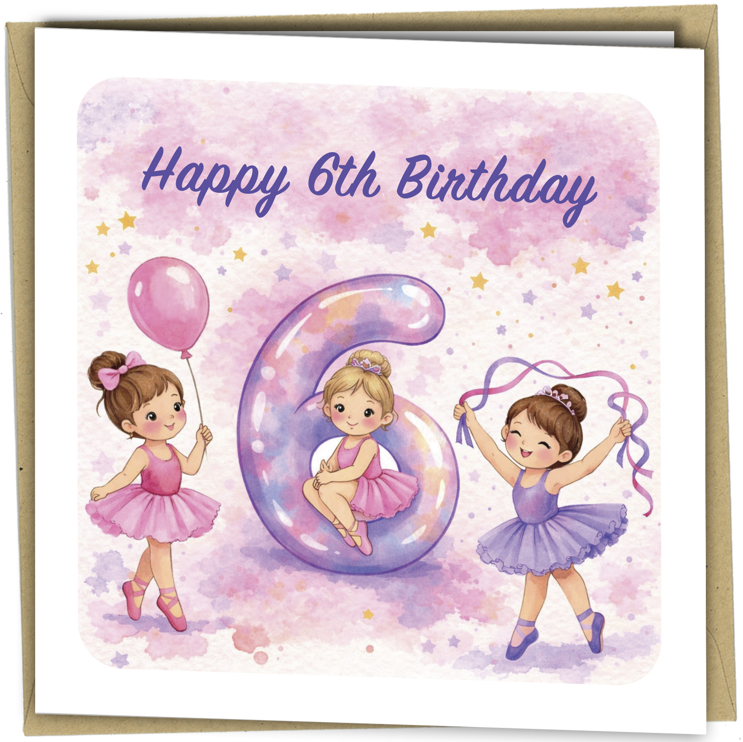 Celebrate a special sixth birthday with this beautifully illustrated ballerina greeting card. Featuring three adorable dancers and a soft pink watercolour background, this design is perfect for young ballet lovers.

The large number 6 creates a lovely focal point, making it ideal for marking a milestone birthday in a fun and memorable way.

Printed on premium quality cardstock with a smooth professional finish, this square card comes complete with a matching envelope and is blank inside for your own message