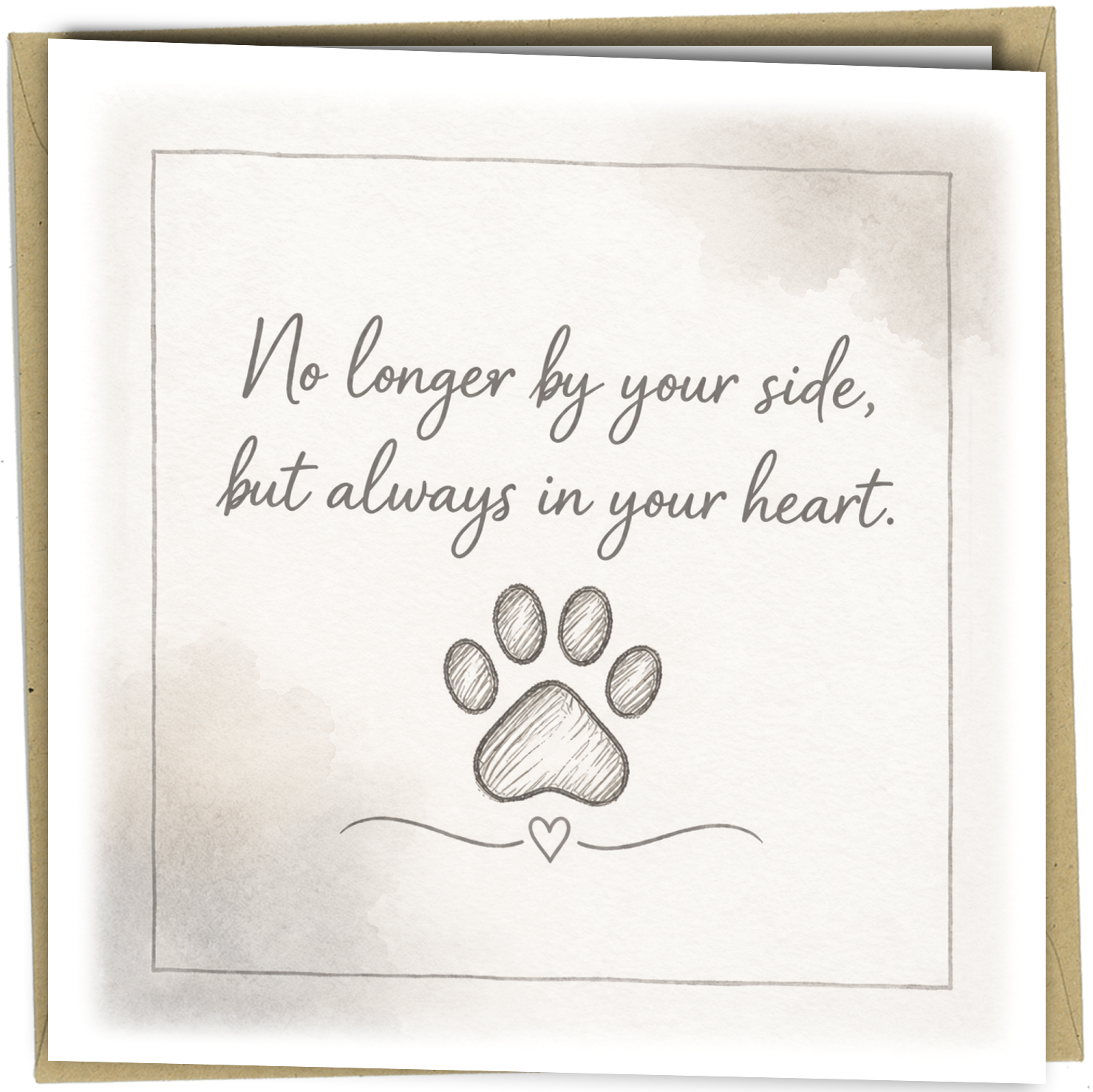 A thoughtful and sentimental pet sympathy card designed to offer comfort after the loss of a beloved companion. Featuring a soft neutral watercolour background, elegant handwritten typography and a delicate paw print illustration, this beautiful bereavement card is suitable for remembering dogs, cats and cherished pets.

A meaningful way to send love, support and sympathy during a difficult time.

Professionally designed and printed in-house on premium quality cardstock.

Product Features
Elegant pet sympat