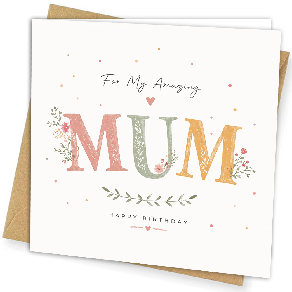 Celebrate your Mum’s birthday with this beautiful floral birthday card featuring elegant pastel colours, delicate botanical details and stylish modern typography.

Perfect for showing your love and appreciation, this thoughtful birthday card is ideal for mums, mothers, mummies and moms of all ages.

Professionally designed and printed in-house on premium quality cardstock for a luxury finish.

Product Features
Beautiful floral watercolour style design
Elegant modern typography
Premium quality heavyweight ca