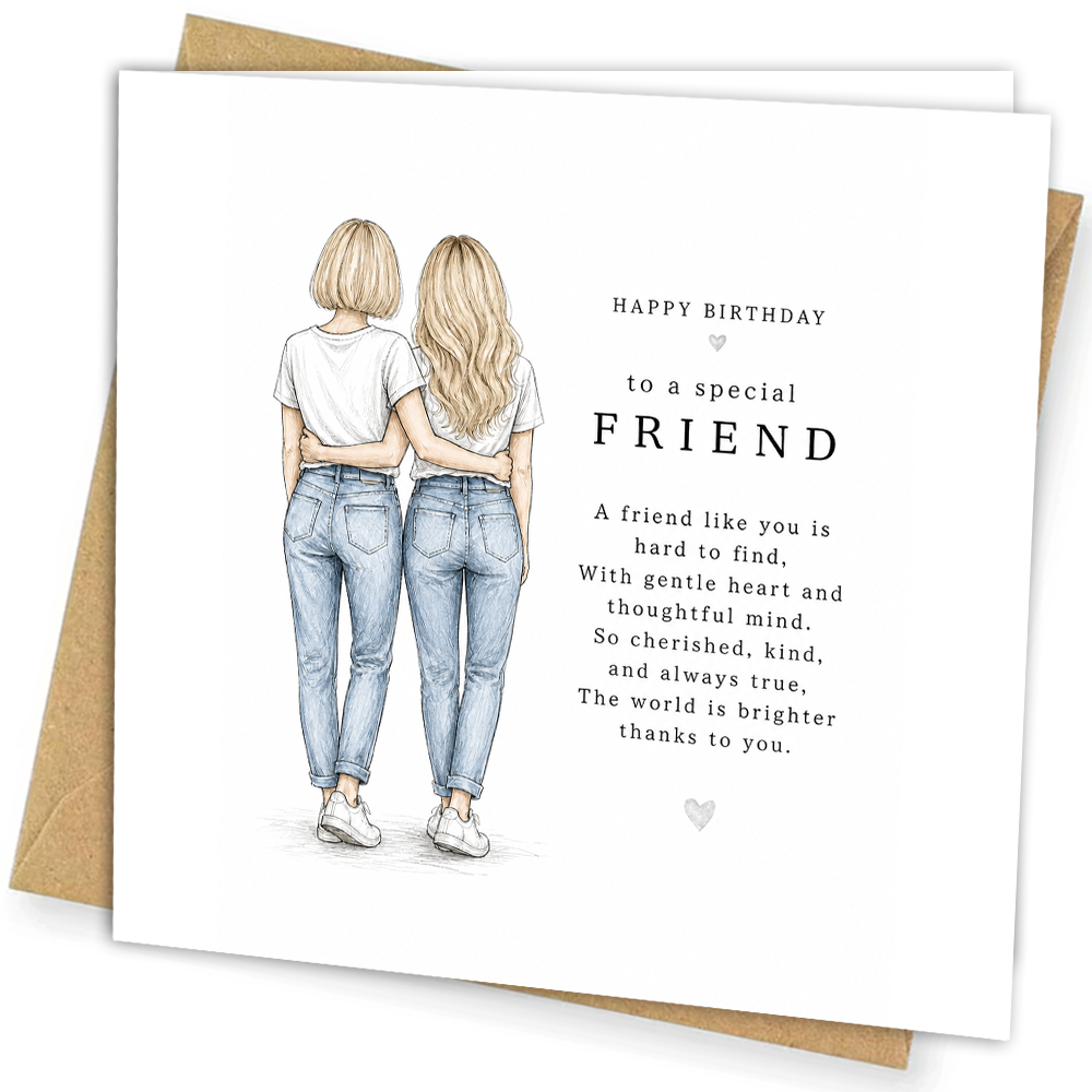 Celebrate a wonderful friendship with this beautiful sentimental birthday card featuring an elegant illustration of two friends together and a heartfelt message.

Perfect for your best friend, bestie or soul sister, this thoughtful greeting card is ideal for birthdays and meaningful celebrations.

The card reads:

“A friend like you is hard to find,
With gentle heart and thoughtful mind.
So cherished, kind, and always true,
The world is brighter thanks to you.”

A lovely keepsake card for someone truly spec