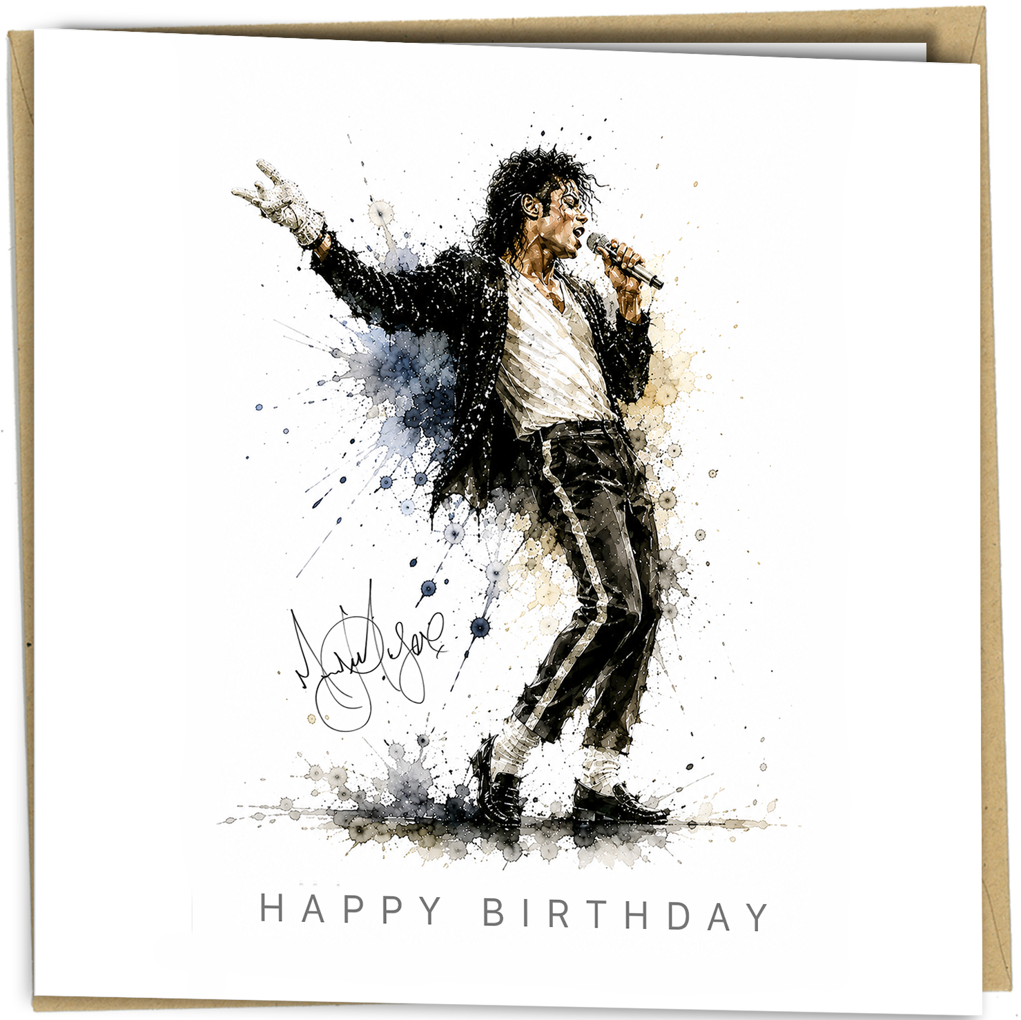 Celebrate the birthday of a music fan with this striking Michael Jackson inspired birthday card. Featuring a beautiful watercolour-style illustration and reproduction autograph artwork, this unique greeting card is perfect for anyone who appreciates iconic music legends and artistic memorabilia.

Printed on premium quality cardstock and supplied with a matching envelope, this square birthday card is ideal for friends, family members, collectors and music enthusiasts.

The card is blank inside, allowing you 