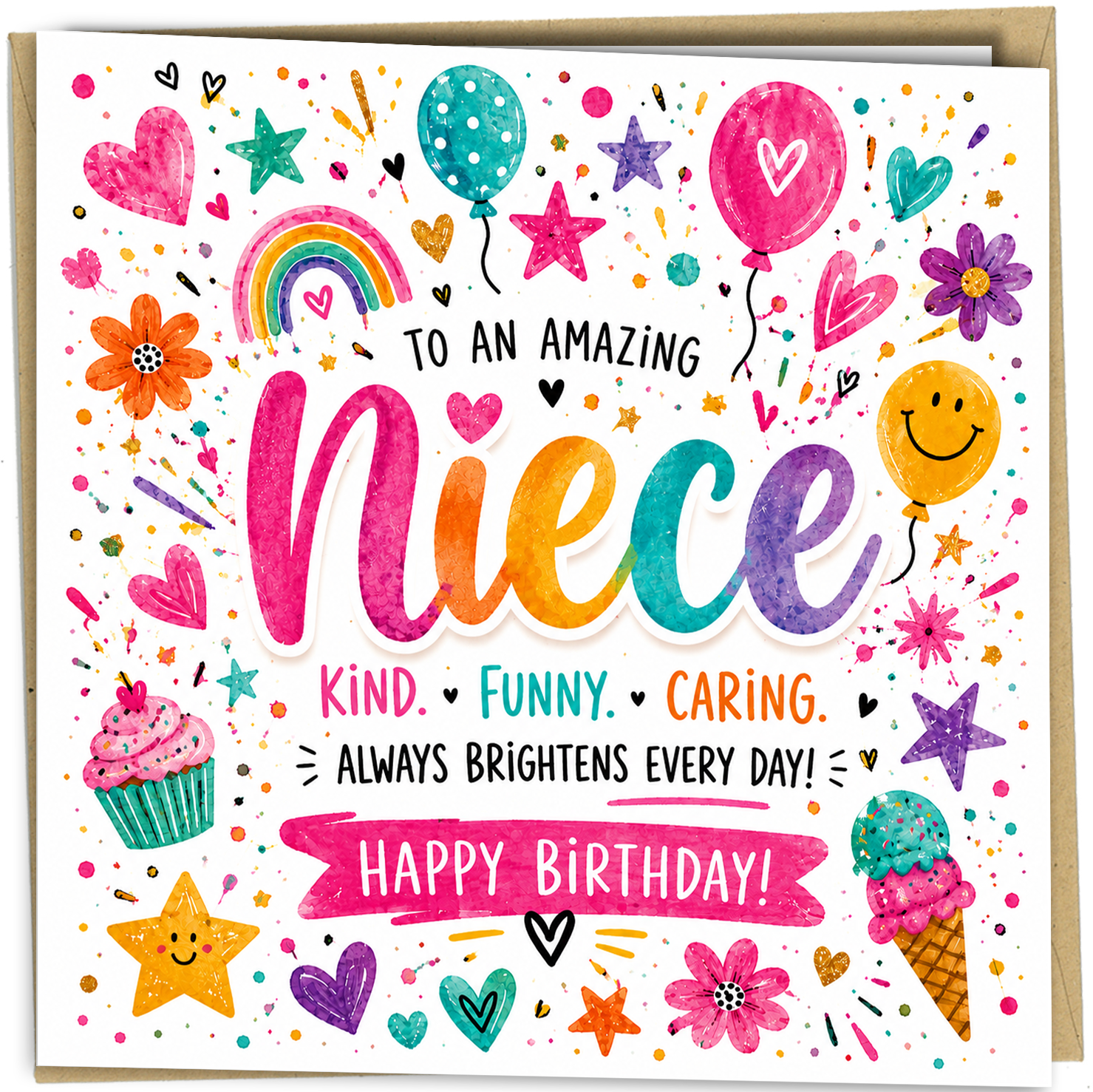 Celebrate your wonderful niece with this bright, colourful birthday card featuring fun balloons, hearts, stars, flowers and a cheerful rainbow design.

The card reads:

"To An Amazing Niece – Kind. Funny. Caring. Always Brightens Every Day! Happy Birthday!"

A thoughtful way to let your niece know just how much she means to you on her special day.

Personalisation Available

Add an optional personalised message printed inside the card for an extra special touch.

If the personalisation option is not selecte