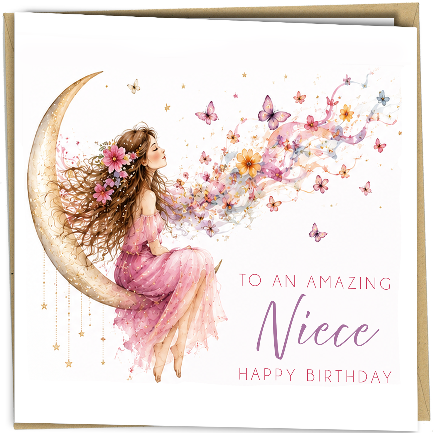 Send birthday wishes to a wonderful niece with this beautiful watercolour greeting card featuring a dreamy crescent moon, delicate butterflies, flowing florals and soft pastel tones.

The front of the card reads:

To An Amazing Niece
Happy Birthday

A thoughtful and elegant birthday card perfect for showing your niece how much she means to you on her special day.

Product Details
Card Size: 150mm x 150mm
Premium 350gsm cardstock
Professionally printed in the UK
Supplied with matching envelope
Blank inside f