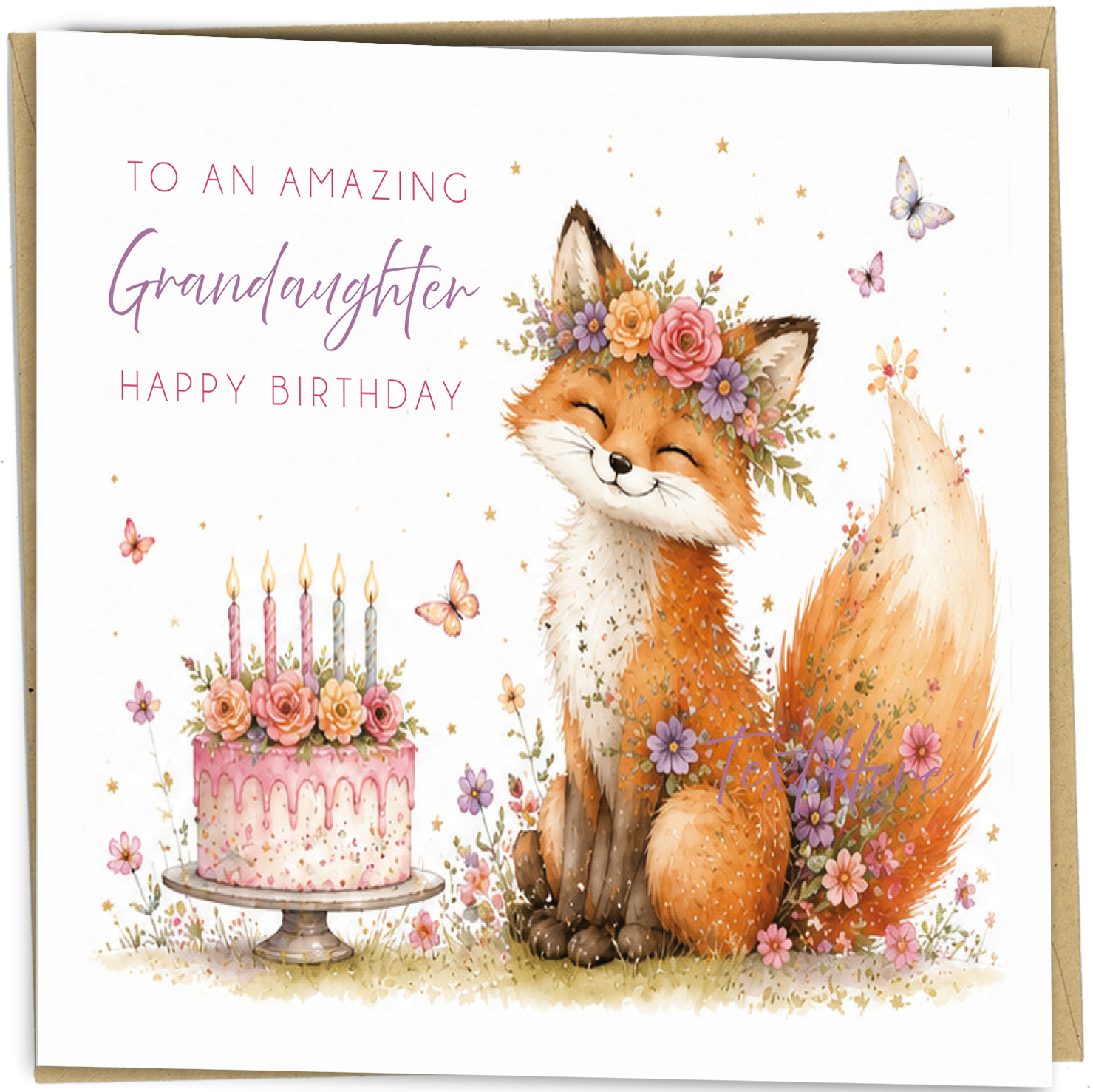 Make your granddaughter's birthday even more special with this beautiful greeting card featuring an adorable watercolour fox wearing a delicate floral crown, surrounded by butterflies, wildflowers and a pretty birthday cake.

Printed in the UK on premium quality cardstock, this charming woodland-themed birthday card is perfect for letting your granddaughter know how much she means to you. The inside is left blank so you can add your own heartfelt birthday message.

A delightful keepsake she'll treasure long