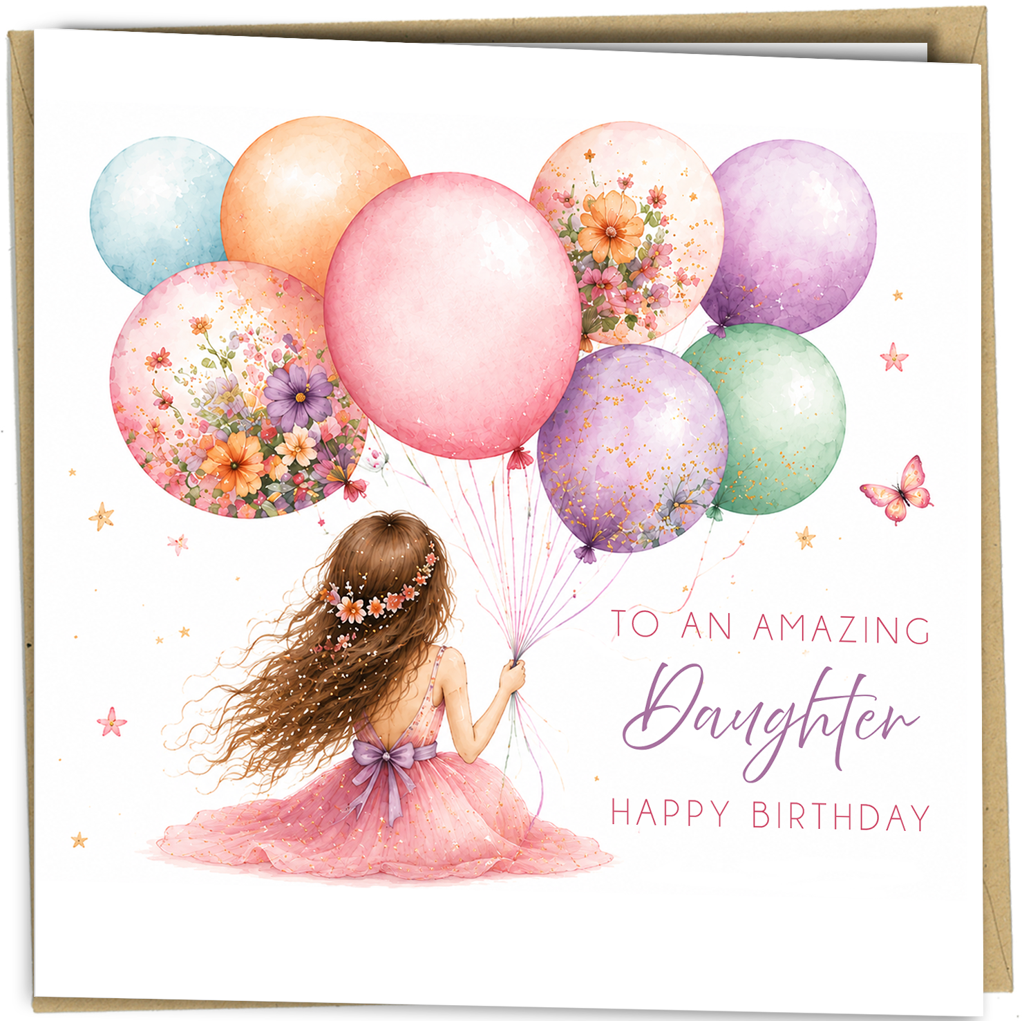Make your daughter’s birthday extra special with this beautiful birthday card featuring a stunning watercolour illustration of a girl holding a collection of pastel floral balloons. Delicate flowers, soft colours and elegant artwork combine to create a heartfelt card perfect for celebrating your wonderful daughter.

Professionally printed in the UK on premium-quality cardstock, this square birthday card is supplied with a matching envelope and is left blank inside for your own personal message.

Whether she