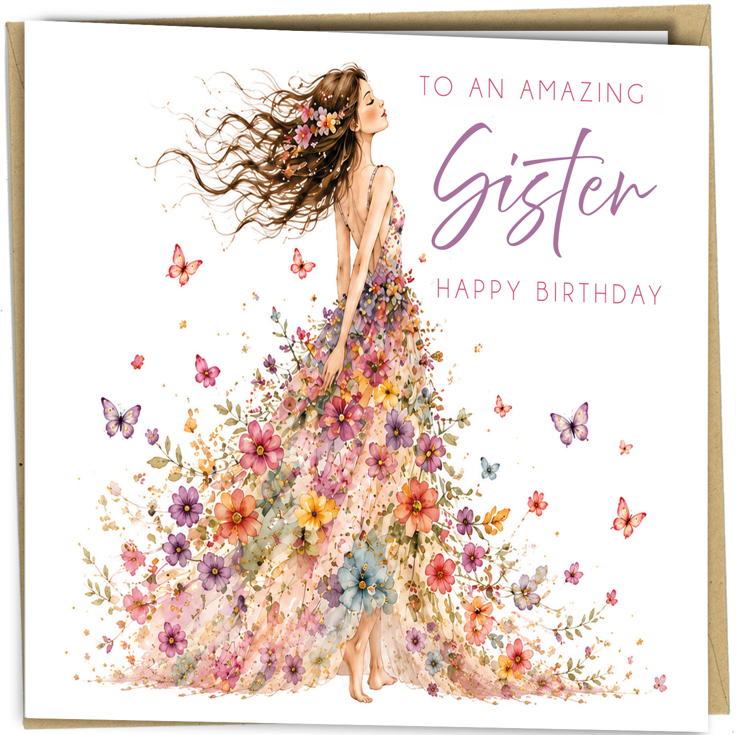 Celebrate an amazing sister with this elegant floral birthday card featuring a stunning watercolour illustration of a woman wearing a flowing dress made entirely of beautiful flowers, surrounded by delicate butterflies. The contemporary artwork creates a thoughtful keepsake she'll treasure long after her birthday has passed.

Personalise the front of the card with her name to make it truly unique, and add an optional personalised message inside for an extra special finishing touch. Whether she's your older 