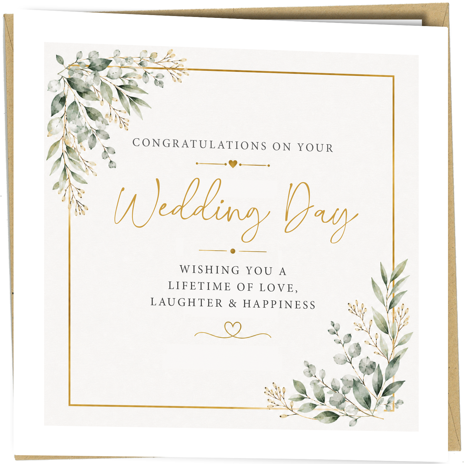 Celebrate a couple's special day with this elegant eucalyptus wedding congratulations card. Featuring delicate botanical greenery, subtle gold-effect detailing and a timeless contemporary design, this beautiful greeting card is the perfect way to send your best wishes on their wedding day.

Professionally printed in the UK on premium-quality cardstock, this square 150 x 150mm card is supplied with a matching envelope and arrives blank inside, allowing you to write your own heartfelt message.

Ideal for newl