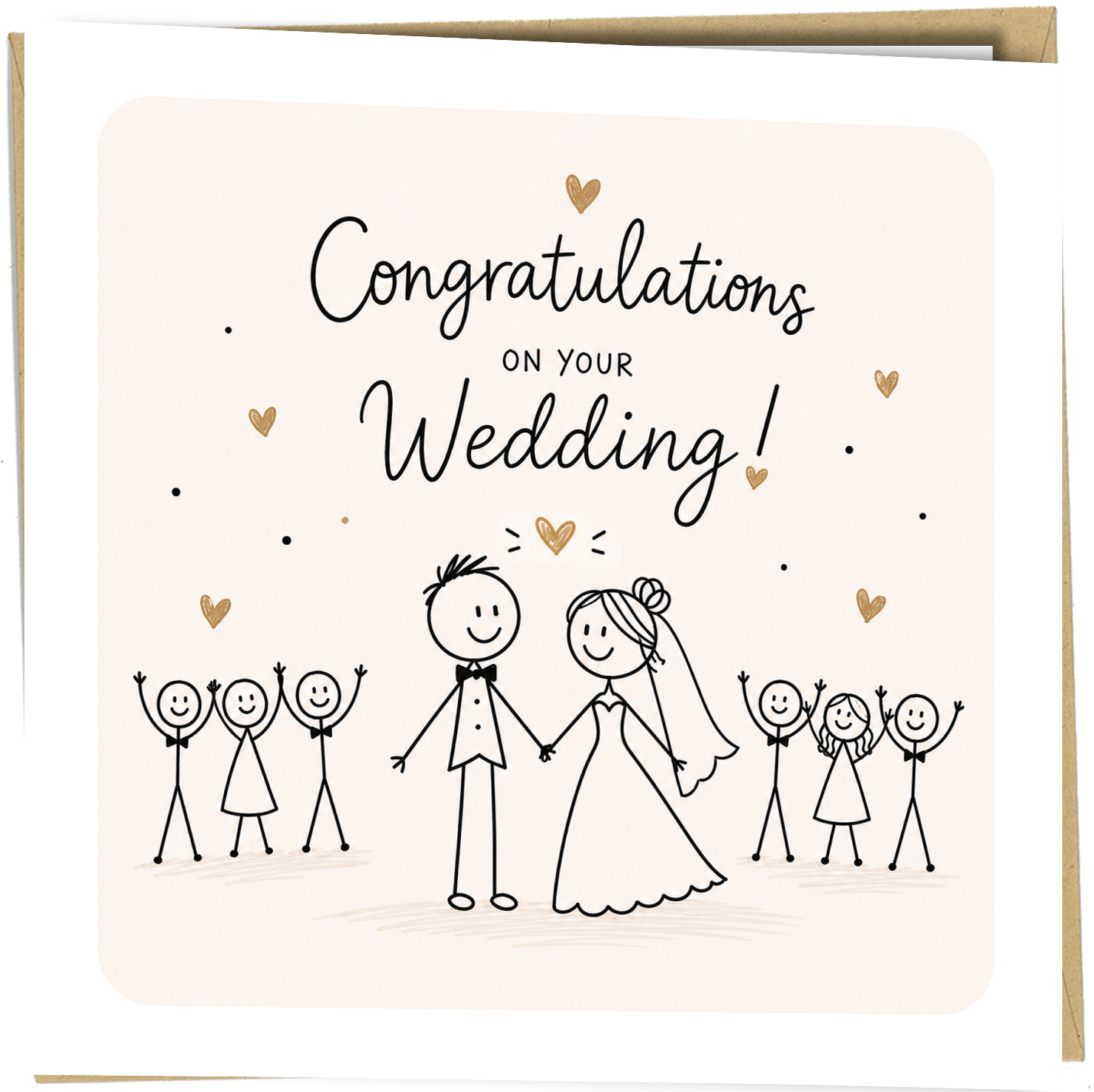 Celebrate the happy couple with this charming wedding congratulations card, featuring a fun hand-drawn bride and groom surrounded by their friends and family.

Finished with a soft neutral background, black line illustration and subtle gold heart details, this light-hearted design is perfect for congratulating newlyweds on their special day.

The front reads:

Congratulations On Your Wedding!

A lovely choice for friends, family members, colleagues or anyone looking to send their best wishes to the newly ma