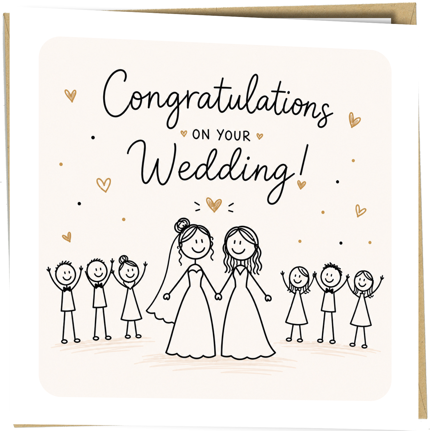 Celebrate a wonderful couple on their special day with this Two Brides Wedding Card, featuring a charming hand-drawn illustration of two brides surrounded by happy wedding guests, hearts and subtle gold details.

The front reads “Congratulations On Your Wedding!”, making it a lovely choice for a same sex wedding, lesbian couple, LGBTQ marriage or wife and wife celebration.

With its simple contemporary design and warm celebratory feel, this greeting card is perfect for friends, relatives, colleagues or love