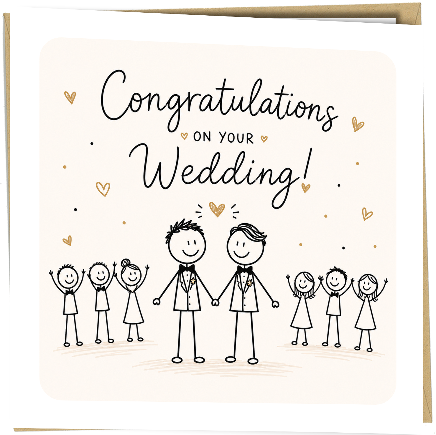 Celebrate a wonderful couple on their special day with this charming Two Grooms Wedding Card, designed especially for gay weddings, same sex marriages and LGBTQ celebrations.

The contemporary design features two grooms holding hands in smart wedding suits, surrounded by cheerful hand-drawn guests, hearts and subtle gold details. The front reads “Congratulations On Your Wedding!”

A thoughtful choice for friends, family members, relatives or colleagues looking for an inclusive wedding card created specifica