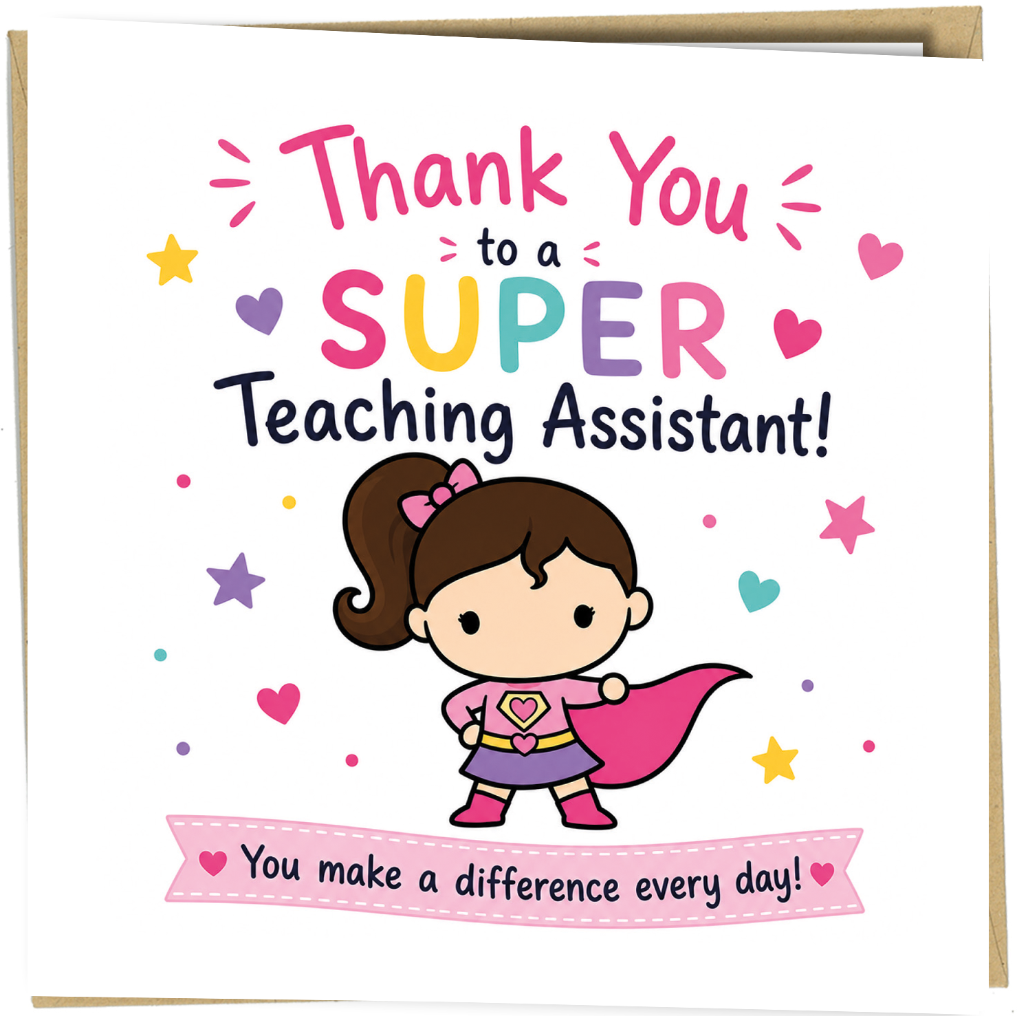 Show your appreciation with this cheerful Super Teaching Assistant thank you greeting card. Featuring a colourful superhero illustration and the heartfelt message "Thank You to a Super Teaching Assistant – You Make a Difference Every Day!", it's the perfect way to recognise the dedication, kindness and support teaching assistants provide throughout the school year.

Printed in the UK on premium quality cardstock, this square greeting card is ideal for children, parents or the whole class to give at the end 