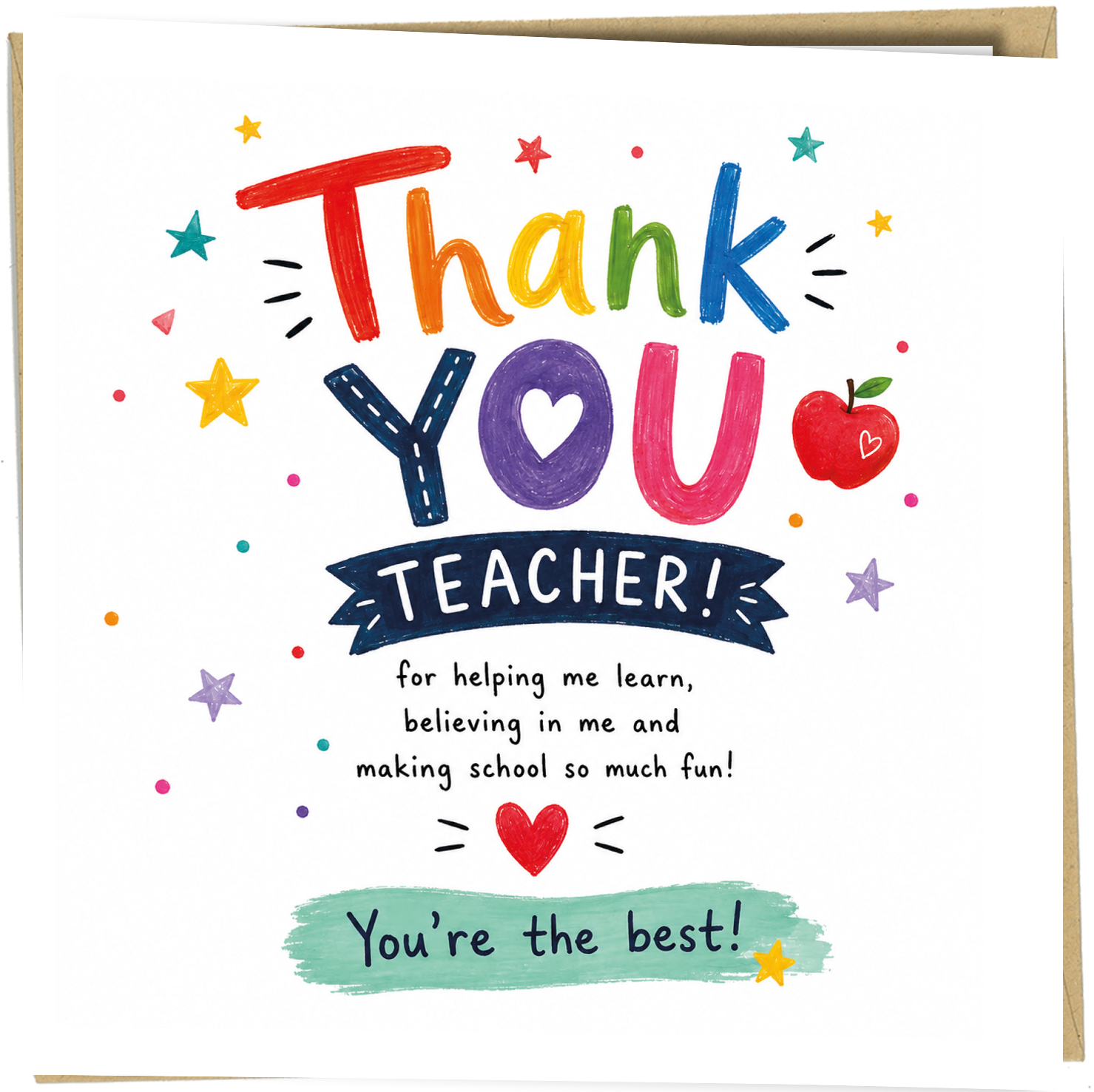 Colorful card with 'Thank You Teacher!' text and graphics on a white background