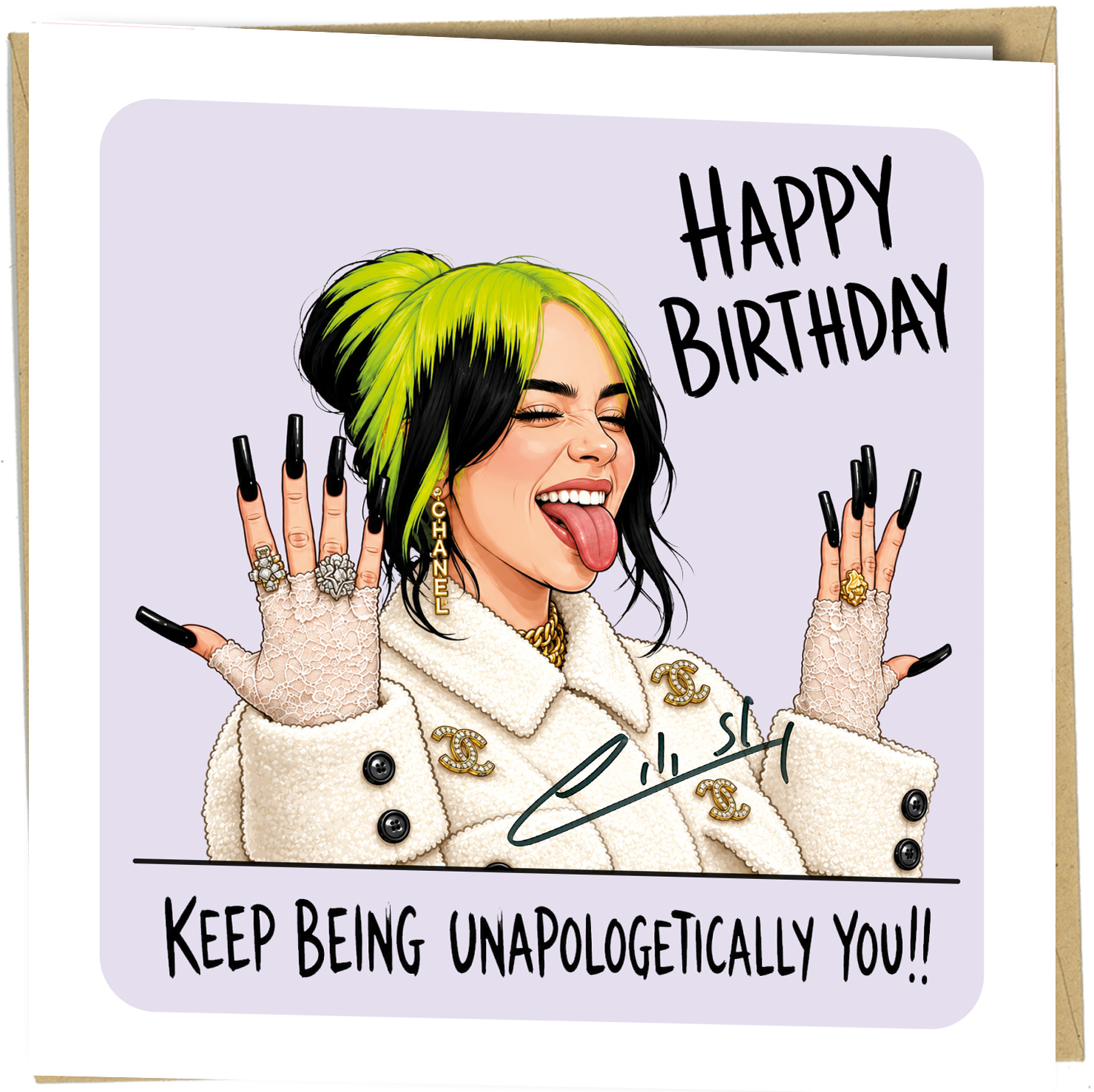 Celebrate the birthday of any Billie Eilish fan with this striking greeting card featuring a high-quality reproduction autograph design. Perfect for music lovers, collectors and anyone who appreciates bold contemporary artwork.

Printed in the UK on premium-quality 350gsm matt cardstock, this square 150 x 150mm greeting card has a luxury feel and comes complete with a matching envelope. The inside is left blank for your own personal message.

This artwork features a printed reproduction autograph and is not