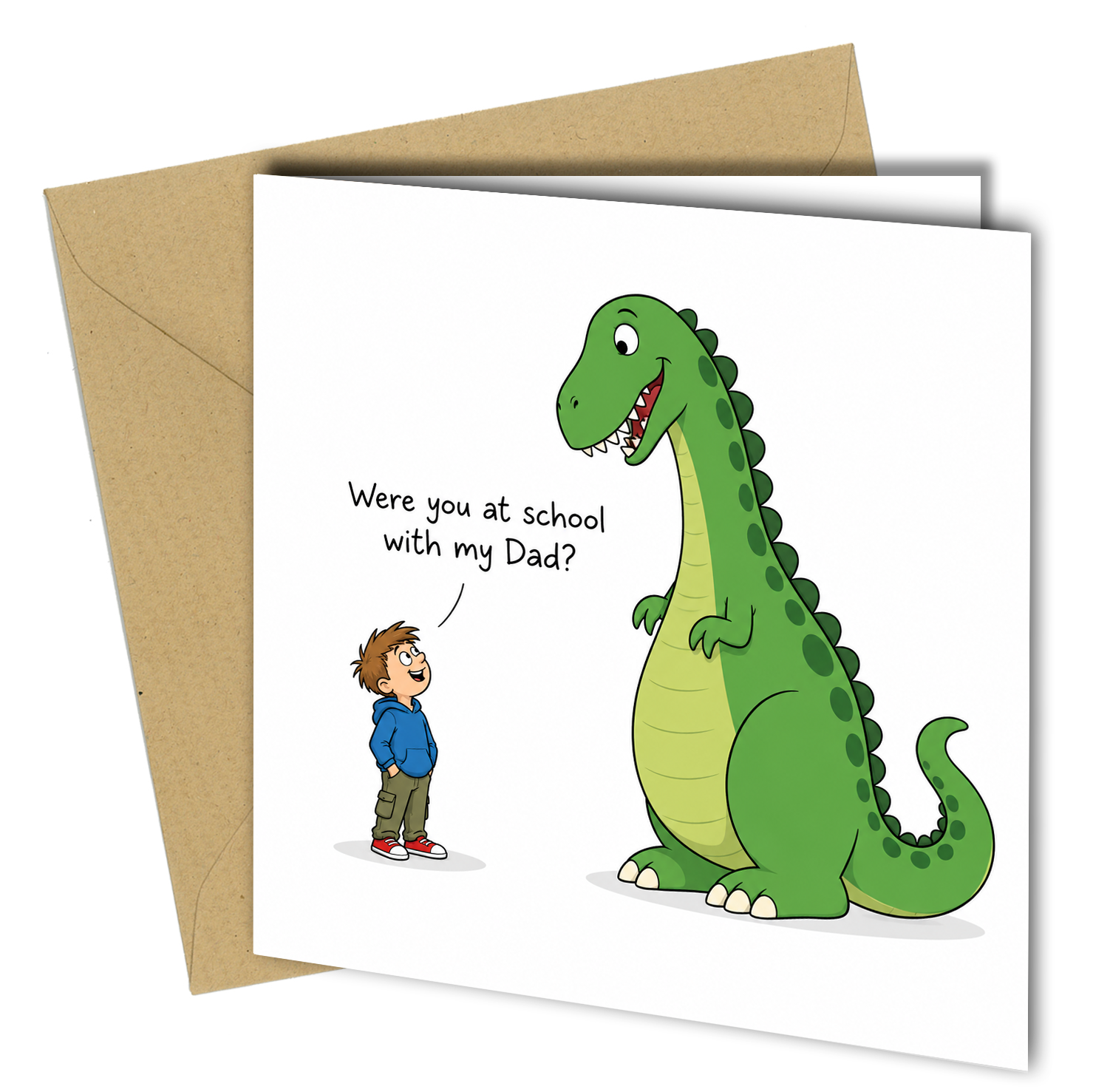 Were you at school with my Dad? 🦖😂

Getting older is inevitable, but being reminded that you're practically prehistoric is optional!

This hilarious dinosaur birthday card features a lifelike green dinosaur and a cheeky little boy asking the ultimate question about someone's age. Perfect for anyone who enjoys a bit of light-hearted humour about getting older.

Whether it's for a friend, dad, mum, grandad, grandma, brother, sister or work colleague, this funny greeting card is sure to get a laugh.

An idea