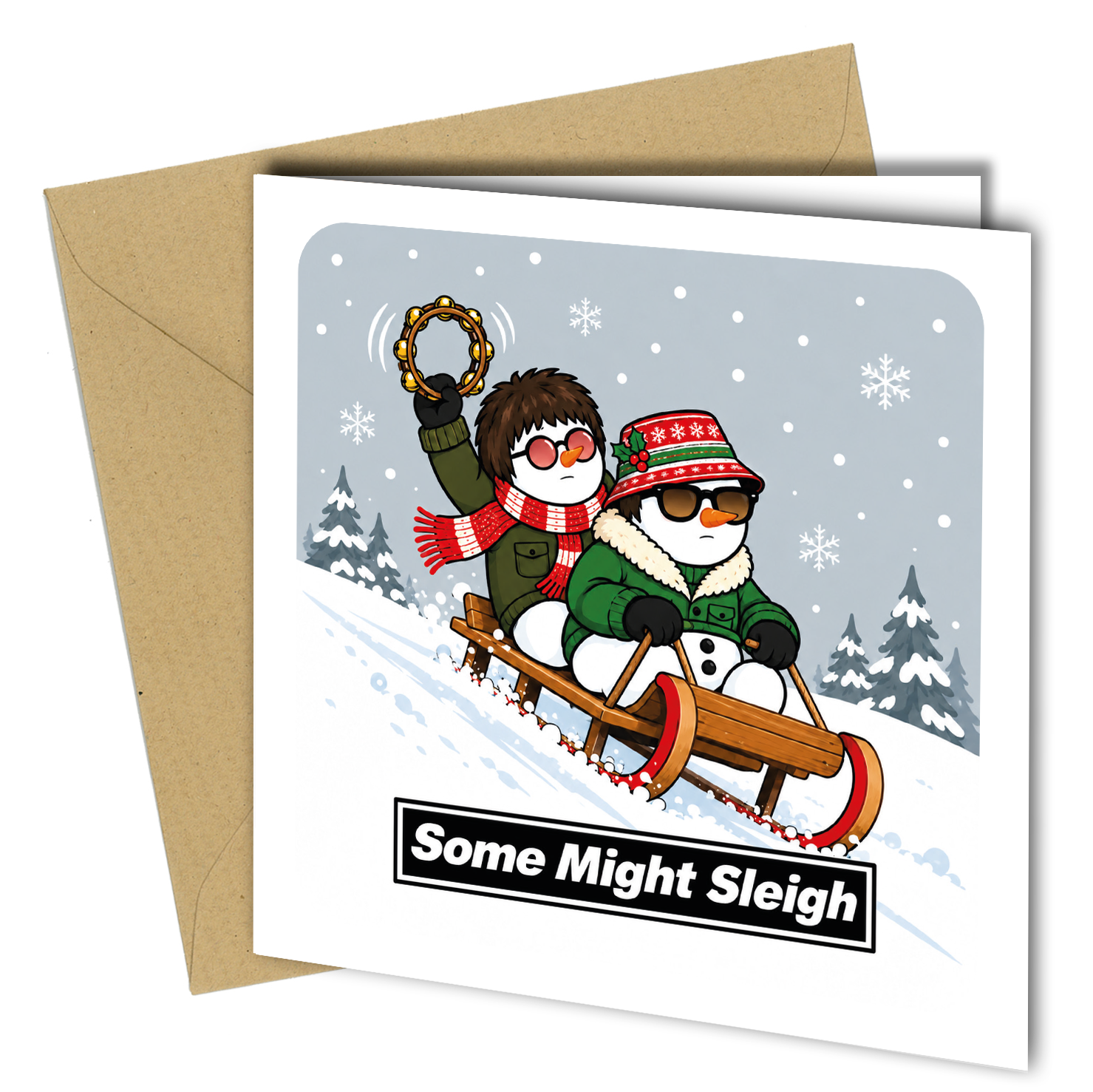 Give Christmas a proper Britpop twist with this funny “Some Might Sleigh” Christmas card.
Inspired by the unmistakable attitude of 90s British music, this festive snowman design is ideal for Oasis fans, indie music lovers and anyone who appreciates a clever Christmas pun.
Featuring a fun winter illustration with a rock-and-roll feel, it makes a great alternative to a traditional Christmas card.
Product details:
- Size: 150 x 150mm
- Printed on quality card stock
- Matching envelope included
- Blank inside f