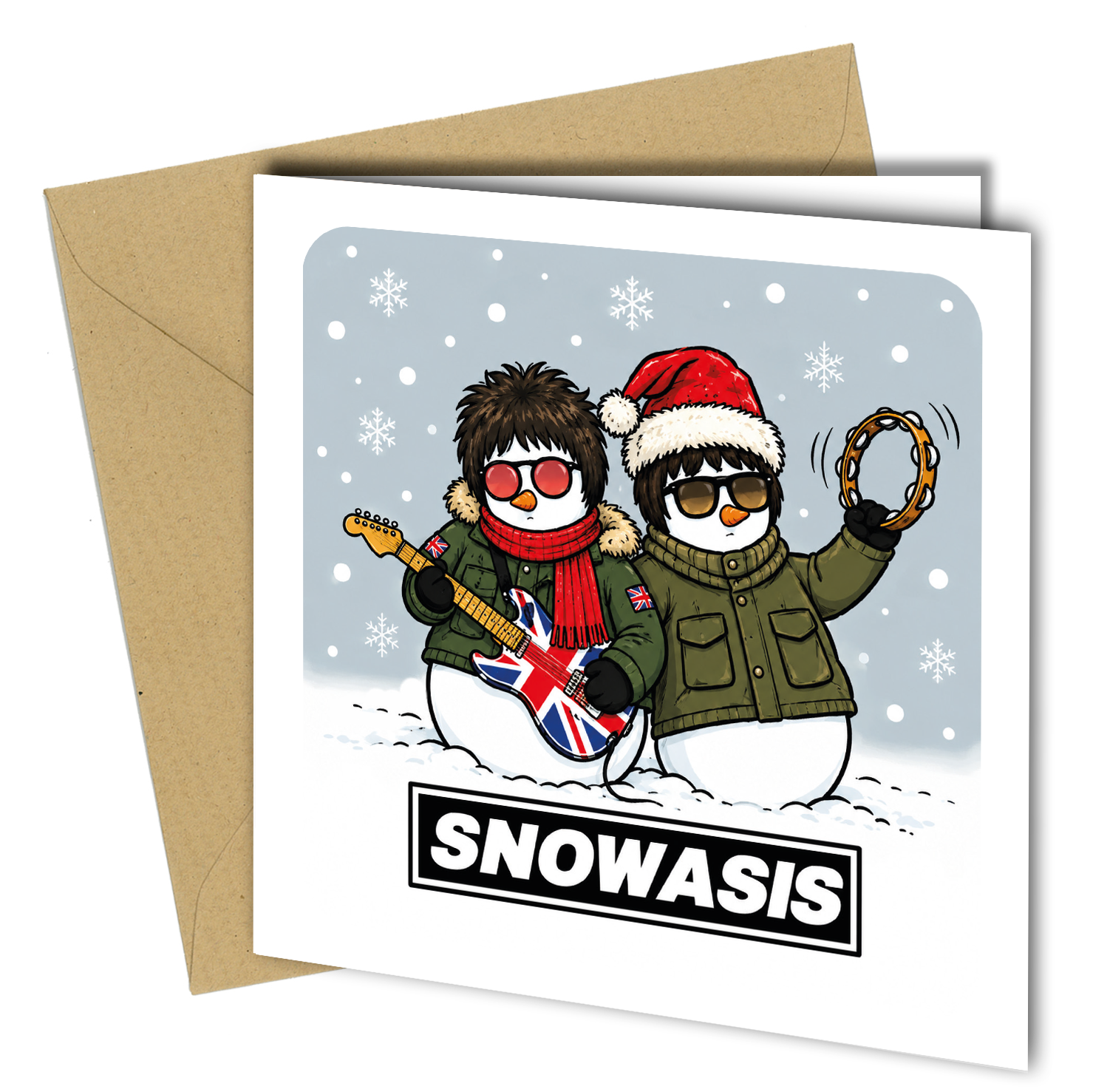 Give Christmas a Britpop twist with this funny Snowasis Christmas card.
Featuring two festive snowmen with a cool 90s music-inspired look, this design is ideal for Oasis fans, Britpop lovers and anyone who enjoys something a little different from a traditional Christmas card.
A fun choice for husbands, boyfriends, brothers, dads, friends, partners and music lovers.
Product Details
- Size: 150 x 150mm
- Printed on quality card stock
- Matching envelope included
- Blank inside for your own message
- Oasis-ins