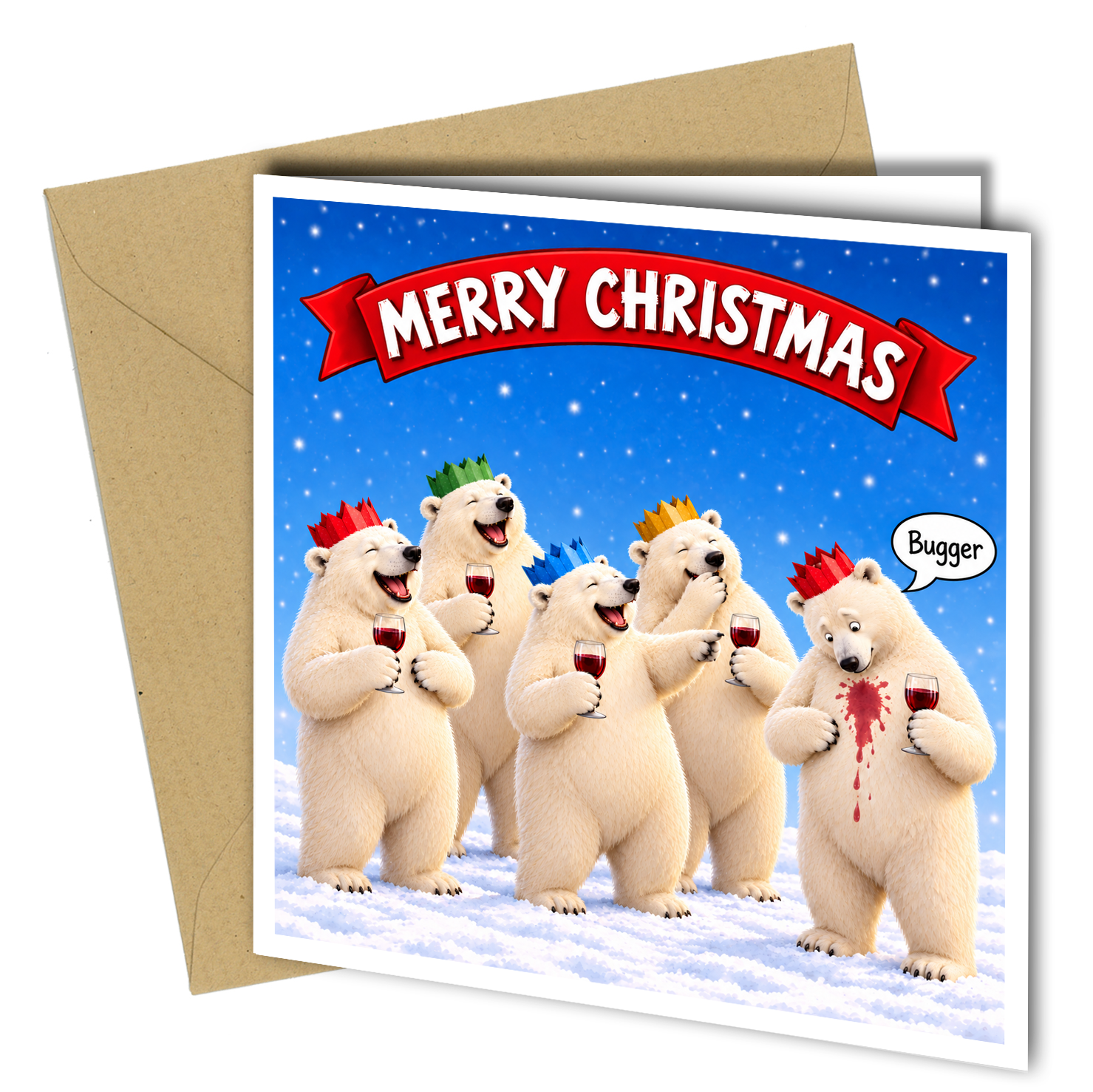 Bring some cheeky humour to Christmas with this funny polar bear Christmas card.
The design features a group of festive polar bears enjoying a drink while one unfortunate bear has spilled red wine down his chest and reacts with a very appropriate “Bugger!”
A fun alternative to a traditional festive card and ideal for anyone who enjoys Christmas humour, wine and characterful animal designs.
Product Details
- Size: 150 x 150mm
- Printed on quality card stock
- Matching envelope included
- Blank inside for you