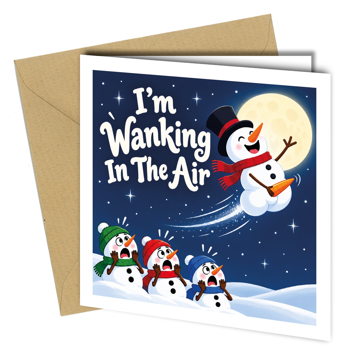 Give someone a proper Christmas laugh with this cheeky festive snowman card featuring the wording:
“I’m Wanking In The Air”
A funny adult Christmas card for friends, partners, workmates or family members who appreciate rude humour.
Printed on quality card stock and supplied with a matching envelope.
Card Details
- 150 x 150mm square card
- Professionally printed
- Supplied with envelope
- Blank inside as standard
- Optional personalised message inside
- Designed and printed in the UK
- Physical product – no