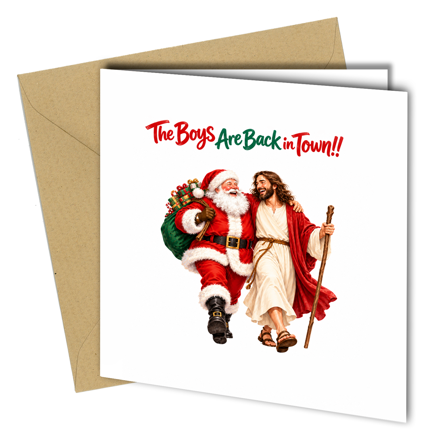 Bring some cheeky festive humour to Christmas with this funny Santa and Jesus greeting card featuring the wording:

“The Boys Are Back In Town!!”

A great choice for friends, family, workmates or anyone who enjoys alternative Christmas humour and something a little different from a traditional festive card.

PRODUCT DETAILS

• Size: 150mm x 150mm
• Supplied with matching envelope
• Professionally printed
• High quality card stock
• Blank inside for your own message
• Funny Santa and Jesus festive design
• S