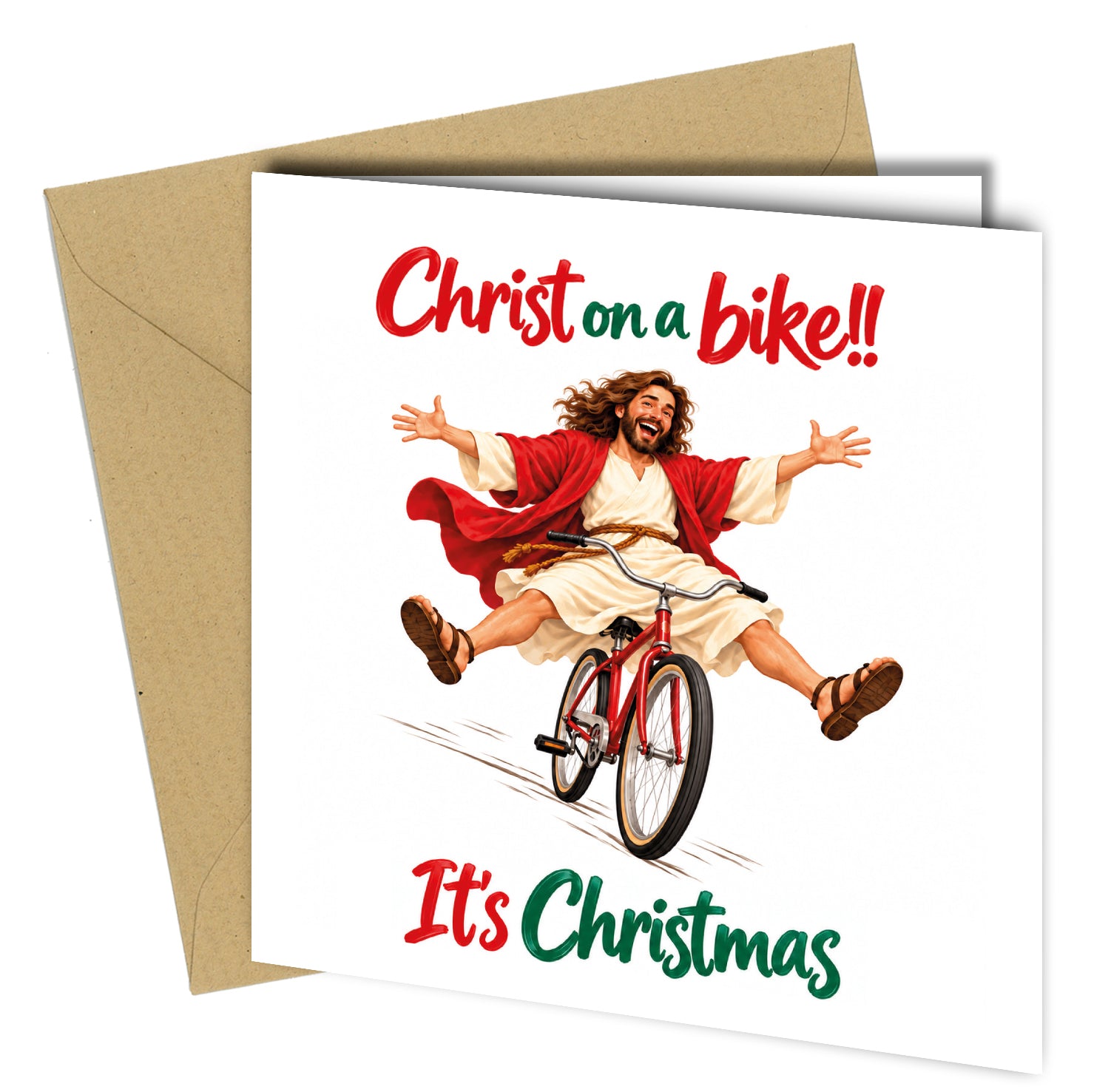 Bring some cheeky festive humour to Christmas with this funny “Christ On A Bike!! It’s Christmas” greeting card.

Featuring a humorous Jesus riding a bicycle design, this card is ideal for anyone who enjoys alternative festive humour and something a little different from the usual traditional Christmas card.

PRODUCT DETAILS

• Size: 150mm x 150mm
• Supplied with matching envelope
• Professionally printed
• High quality card stock
• Blank inside for your own message
• Funny Jesus Christmas design
• Suitable