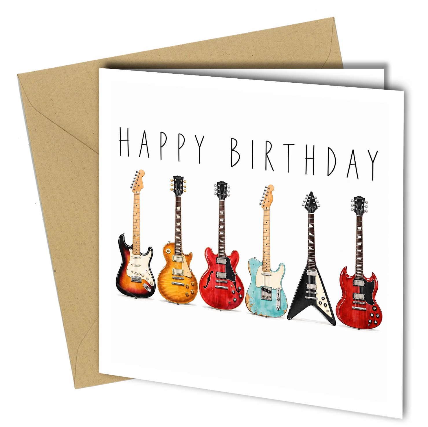 Celebrate their birthday with a card made for someone who loves guitars and music.

This stylish design features six colourful electric guitars lined up beneath a simple Happy Birthday message, making it ideal for guitar players, musicians, rock fans and music lovers of all ages.

Perfect for dads, grandads, husbands, partners, brothers, sons, friends or work colleagues.

Product Details
Card size: 150 x 150mm when folded
Printed on premium 350gsm matt card
Matching envelope included
Blank inside for your o