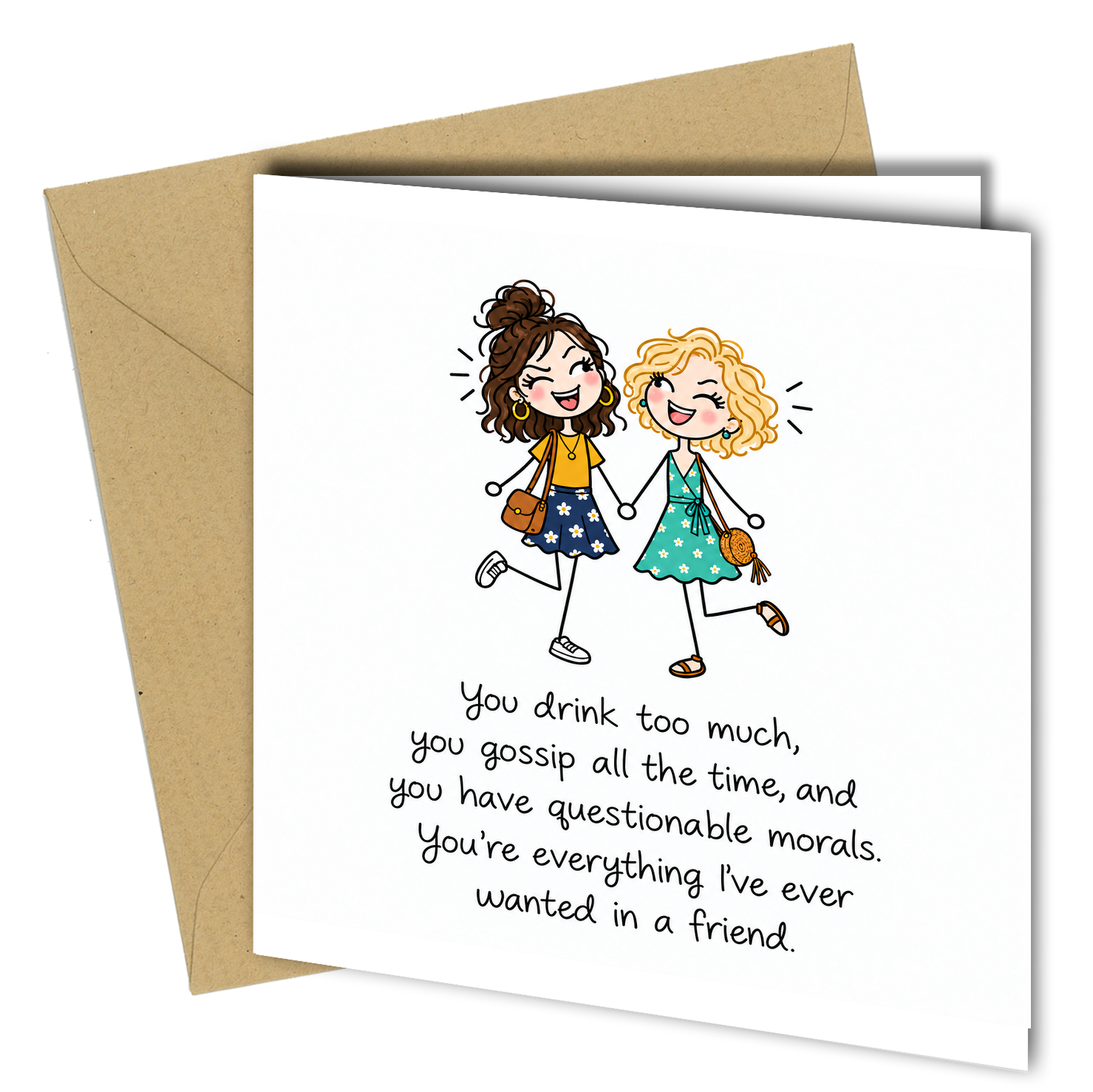 You drink too much, you gossip all the time, and you have questionable morals. You’re everything I’ve ever wanted in a friend. 😂
A cheeky birthday card for the friend who loves a drink, knows all the gossip and always makes you laugh.
Featuring two fun stick-figure women with different hairstyles and outfits, this design is perfect for best friends, sisters, workmates and anyone who shares your sense of humour.
Product Details
- Size: 150 x 150mm when folded
- Printed on premium 350gsm matt card
- Matching