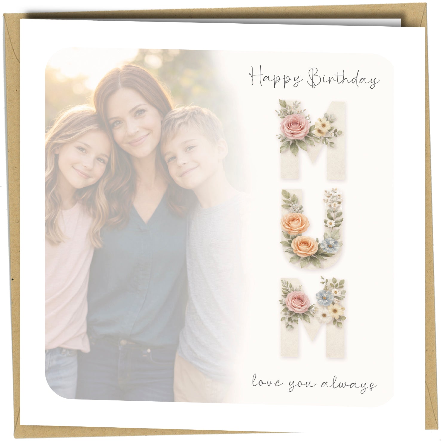 A Beautiful Personalised Card for Mum

Make Mum smile with a truly special card featuring your own photo printed on the front and a personalised message inside.

This elegant greeting card showcases the word MUM decorated with delicate floral artwork, paired with your chosen photograph to create a heartfelt keepsake she will treasure.

Perfect for Mother’s Day, Mum’s birthday, or simply to remind her how much she means to you.

Personalisation Options

This card can be customised with:

• Your own photo pri