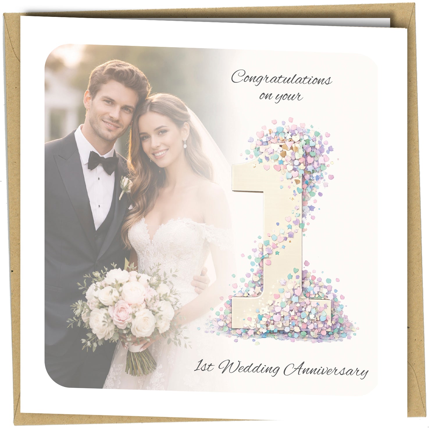 Personalised 1st Wedding Anniversary Card

Celebrate a couple’s first year of marriage with a beautiful personalised anniversary card featuring your own photo printed on the front.

This elegant design includes a large confetti number 1, symbolising the couple’s Paper Anniversary, alongside your chosen photograph to create a meaningful keepsake they will treasure for years to come.

Perfect for giving to your husband, wife or a special couple celebrating their first wedding anniversary.

Personalisation Opt