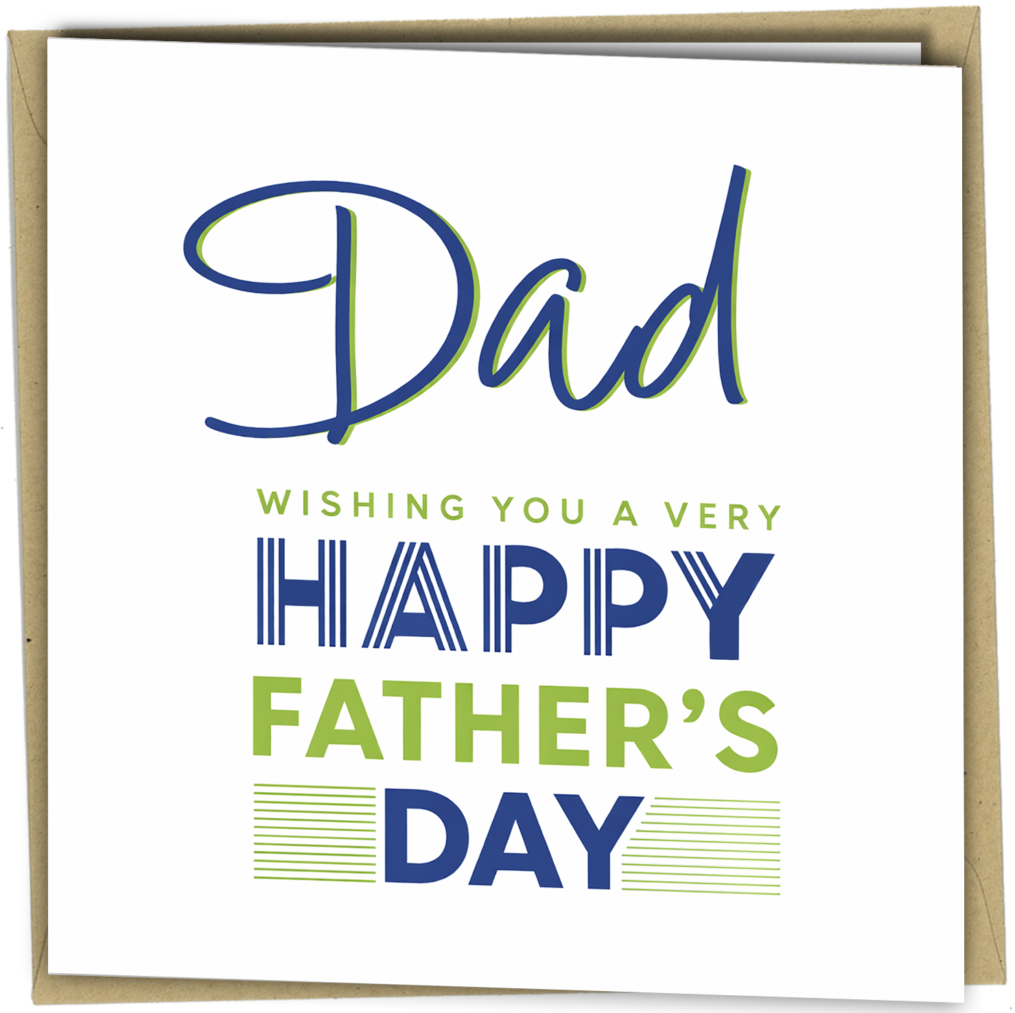 Celebrate Father’s Day with a modern card that feels stylish, fresh and thoughtful.

This square Father’s Day card features a clean blue and green typographic design with a bold “Dad” headline and contemporary lettering. It is a great choice if you want something simple, eye-catching and a little different from a traditional Father’s Day card.

Printed on quality card and supplied with an envelope, this design is perfect for sons, daughters, partners or anyone wanting to send a meaningful message to Dad.

P
